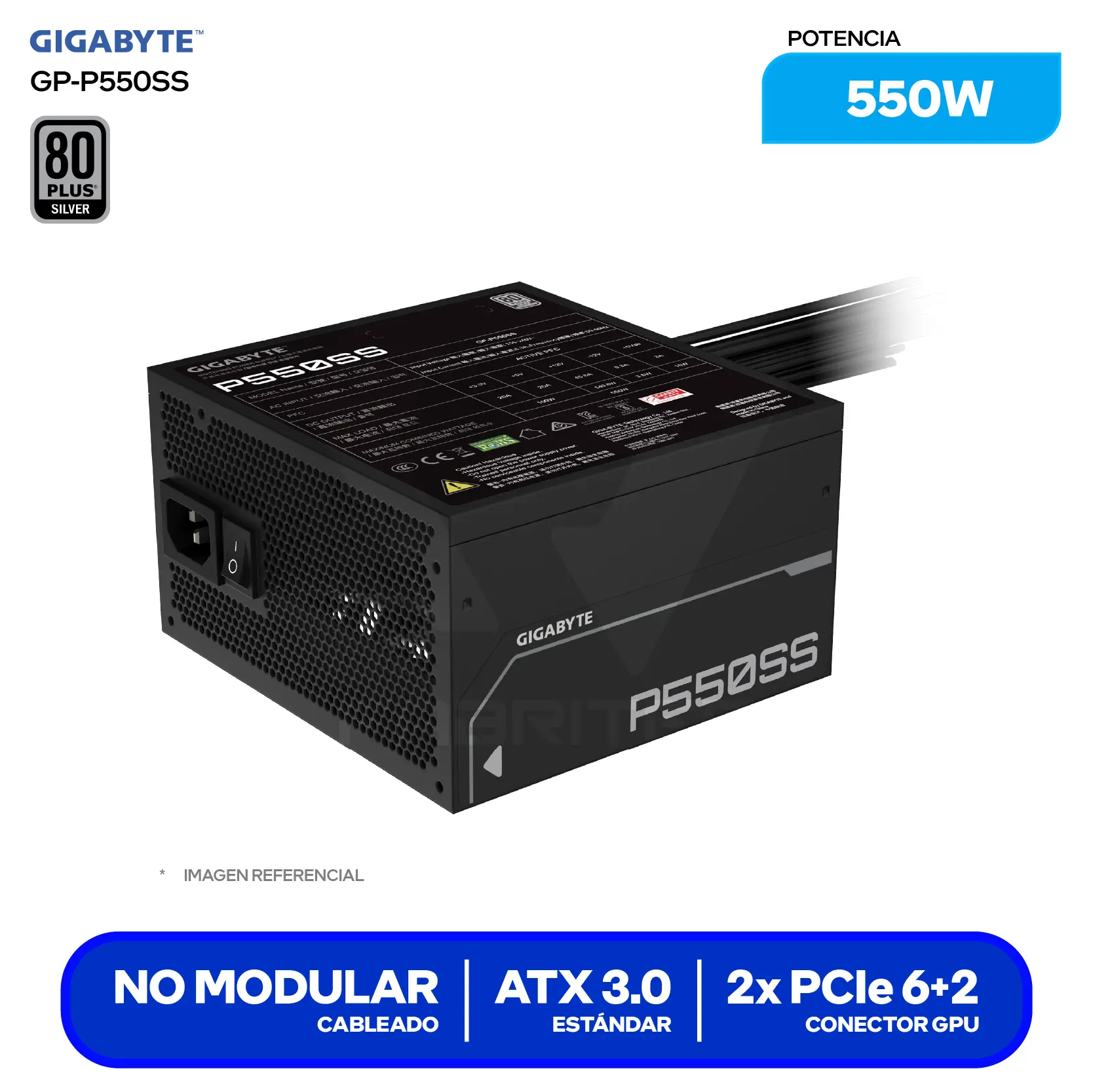 Fuente de Poder Gigabyte P550SS 550W (GP-P550SS) 80 Plus Silver, No Modular