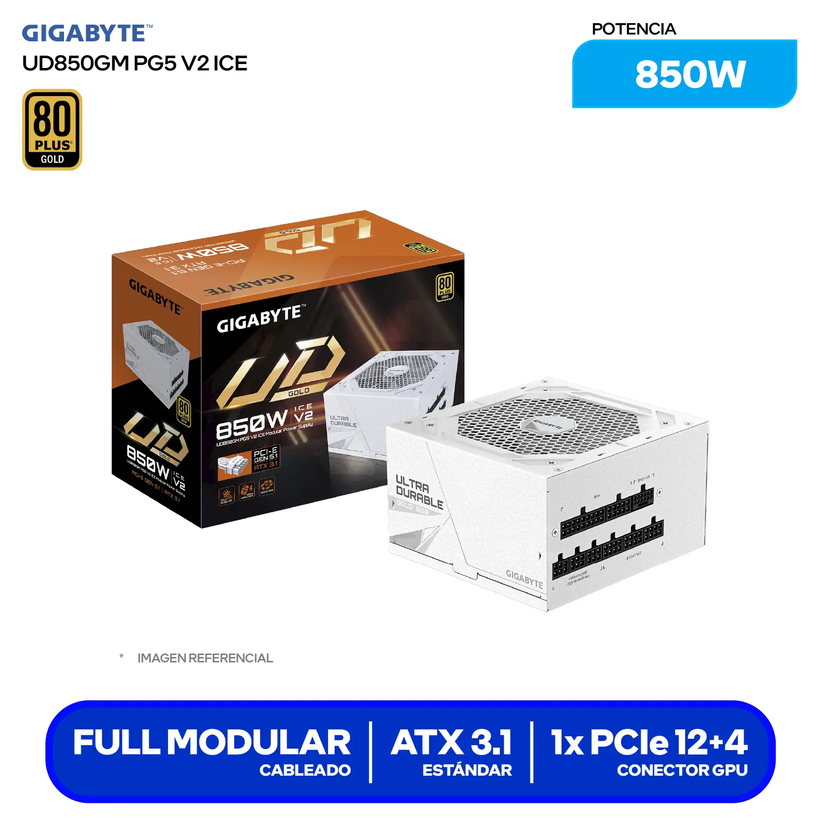 Fuente de Poder Gigabyte UD850GM PG5 ICE 850W (28200-U85GI-1CUSR) 80 Plus Gold, Full Modular