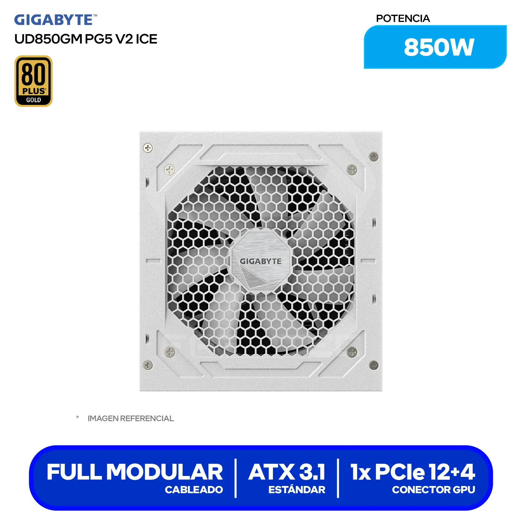 Fuente de Poder Gigabyte UD850GM PG5 ICE 850W (28200-U85GI-1CUSR) 80 Plus Gold, Full Modular