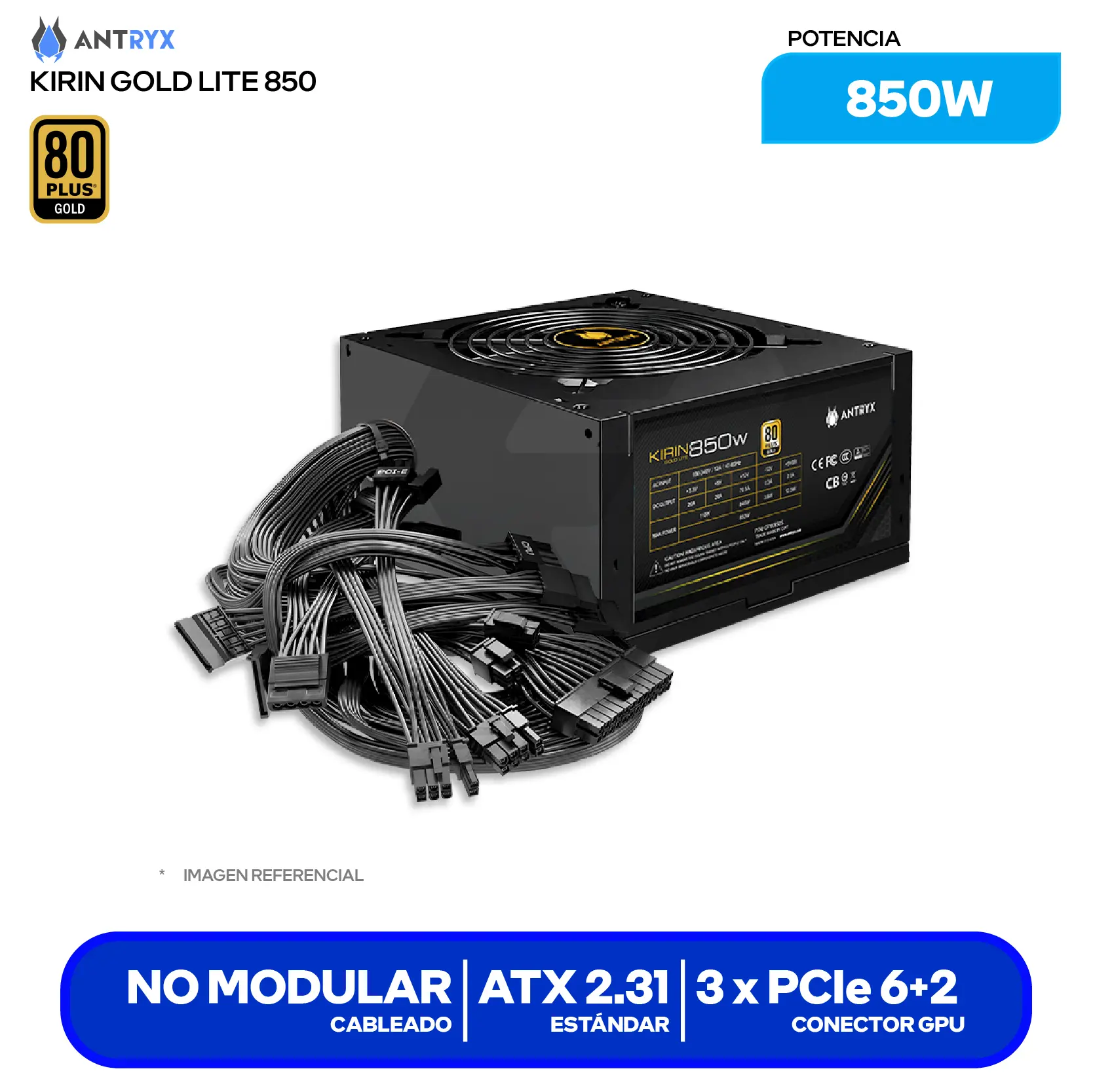 Fuente de Poder Antryx Kirin Gold Lite 850W (GPW850S) 80 Plus Gold, No Modular