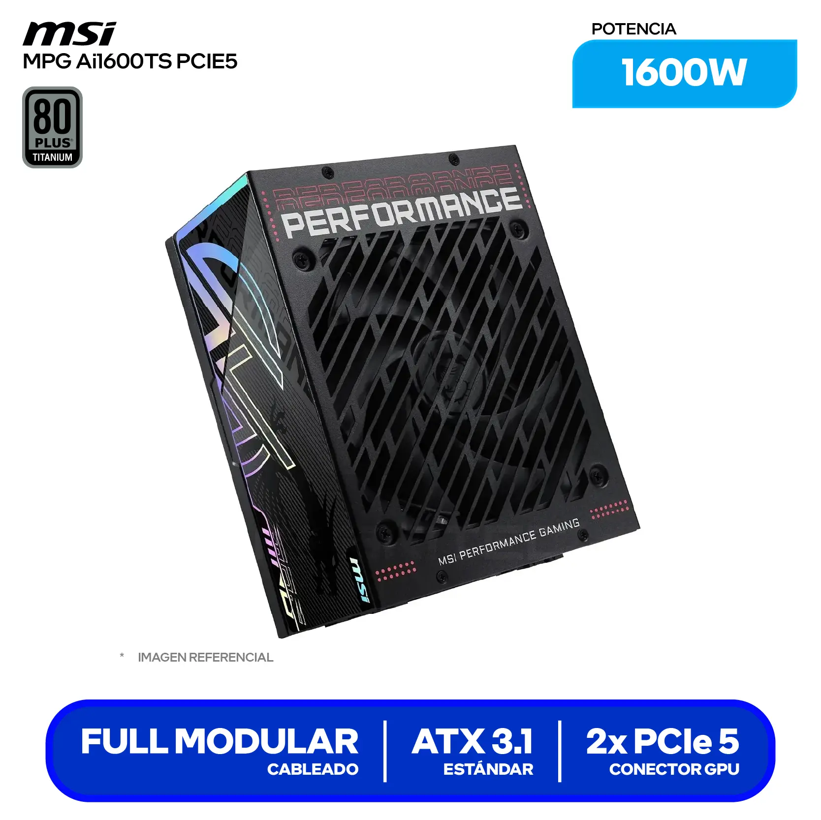 Fuente de Poder MSI MPG AI1600TS PCIE5 1600W (MPG AI1600TS PCIE5) 80 Plus Titanium, Full Modular