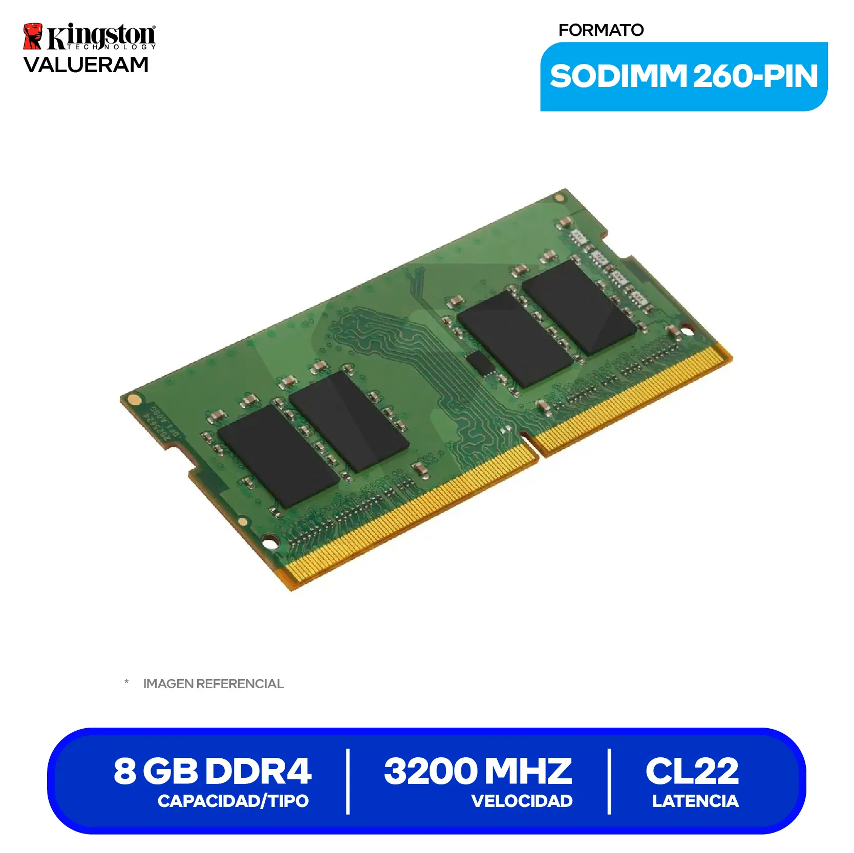 Memoria SO-DIMM Kingston ValueRAM (KVR32S22S6/8) 8GB, DDR4, 3200 MHz