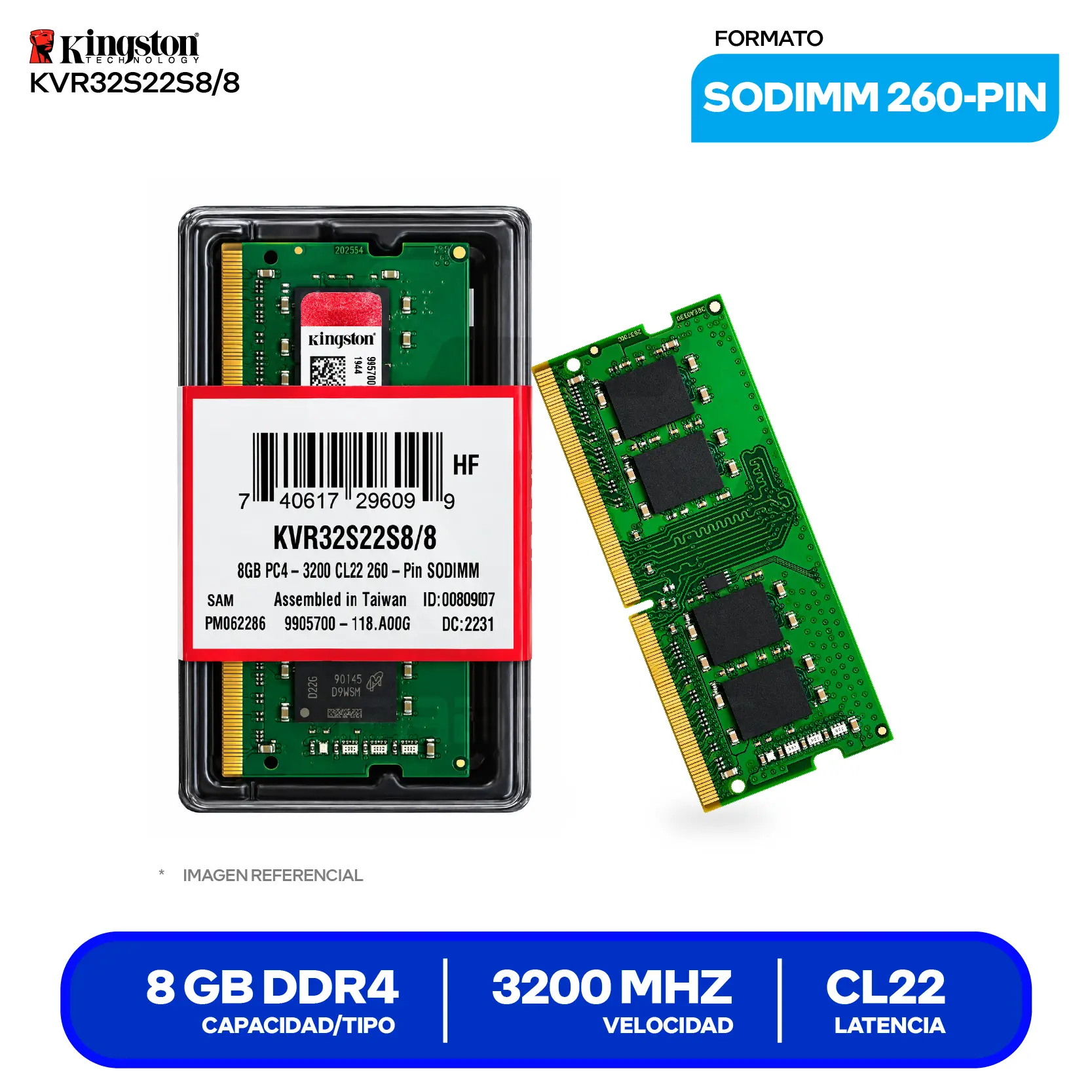 Memoria SO-DIMM Kingston ValueRAM (KVR32S22S8/8) 8GB, DDR4, 3200 MHz