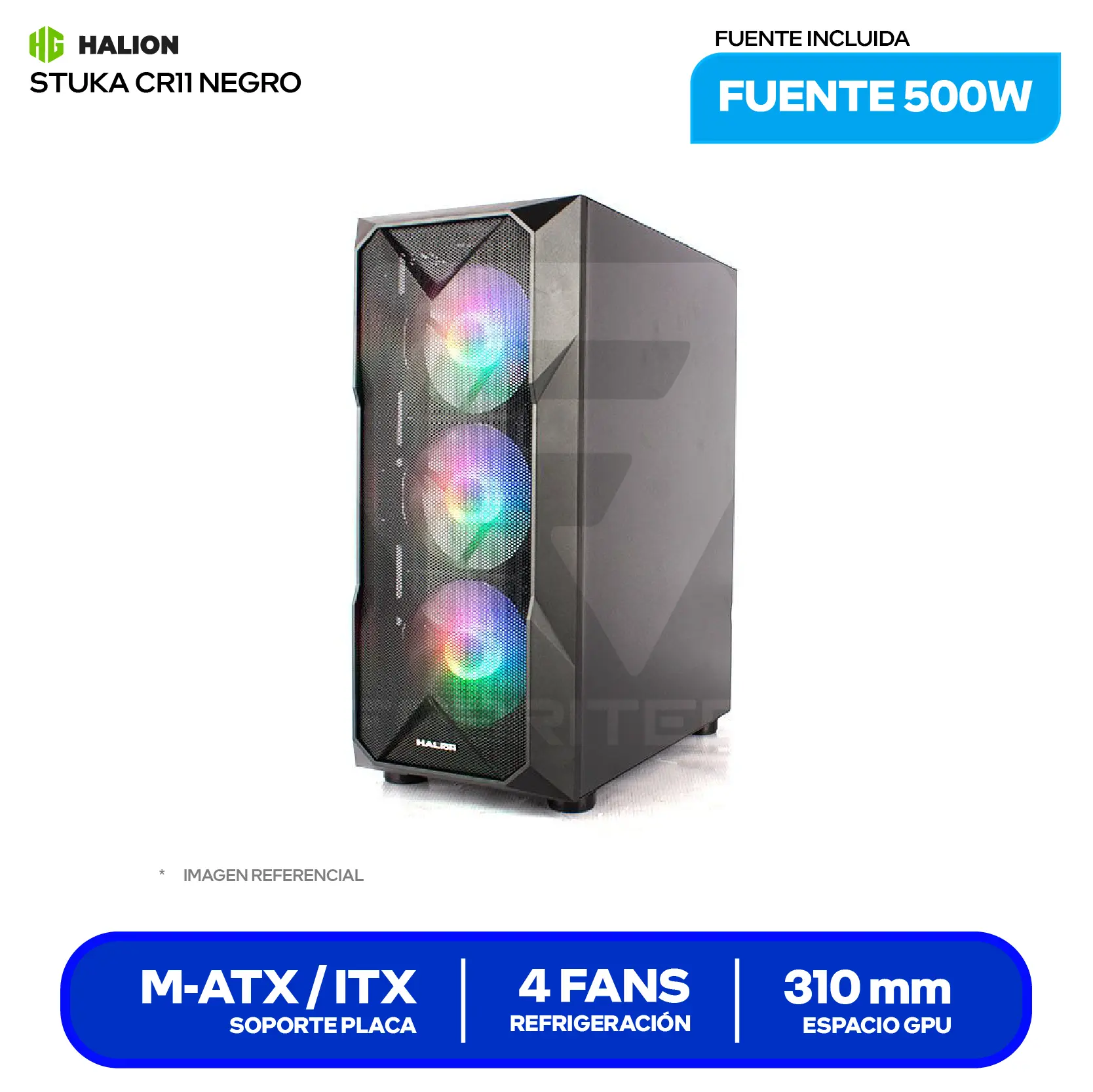 Case Gamer Halion, Stuka CR11 (CR11-N) Con Fuente 500W, Vidrio Templado, 4 Fans  RGB