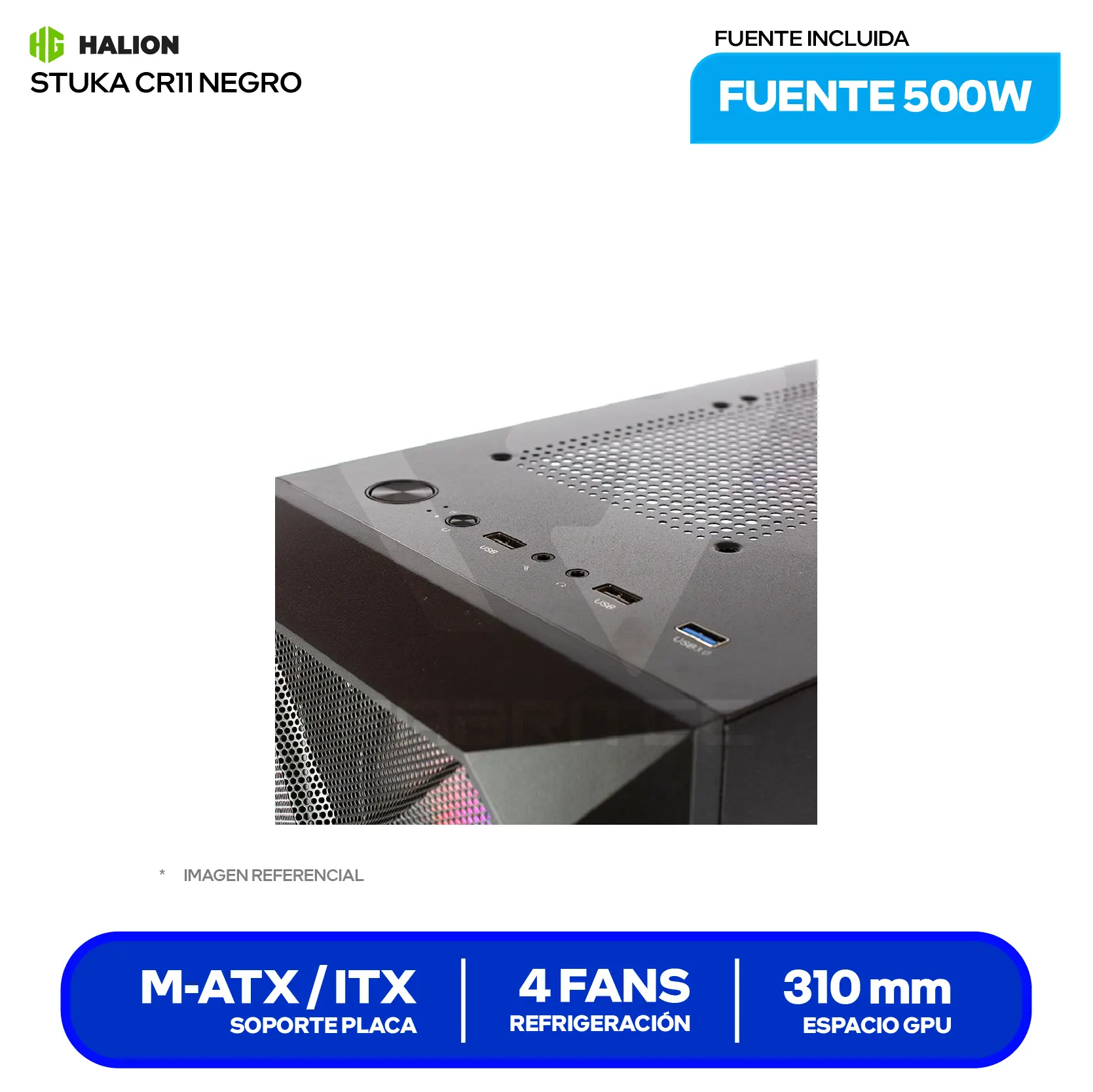Case Gamer Halion, Stuka CR11 (CR11-N) Con Fuente 500W, Vidrio Templado, 4 Fans  RGB
