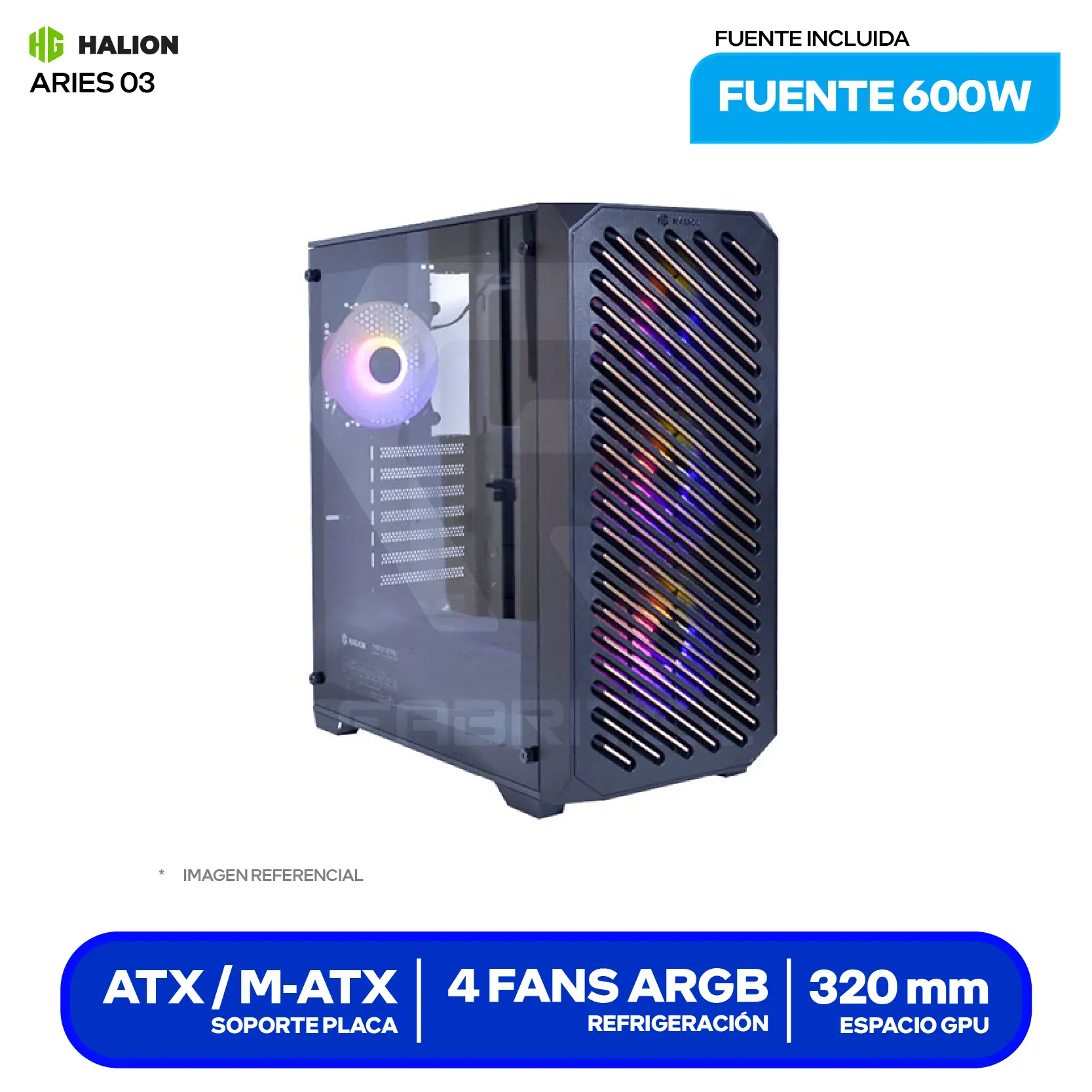 Case Gamer Halion Aries 03 (ARIES 03) Con Fuente 600W, Vidrio Templado, 4 Fans RGB