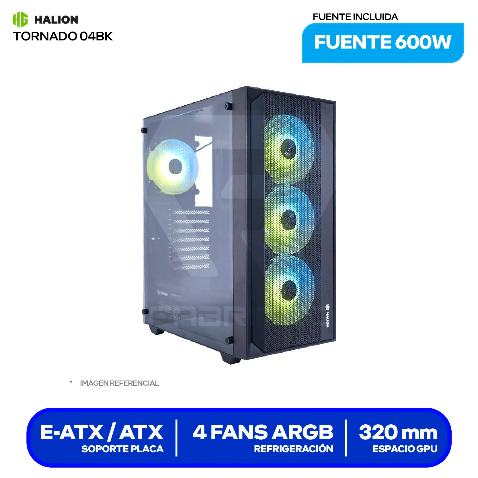 Case Gamer Halion Tornado 04 (TORNADO 04BK) Con fuente de 600W, Vidrio templado, 4 fans ARGB
