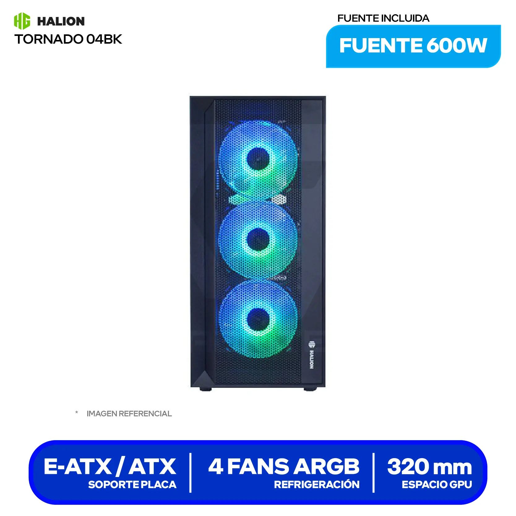 Case Gamer Halion Tornado 04 (TORNADO 04BK) Con fuente de 600W, Vidrio templado, 4 fans ARGB