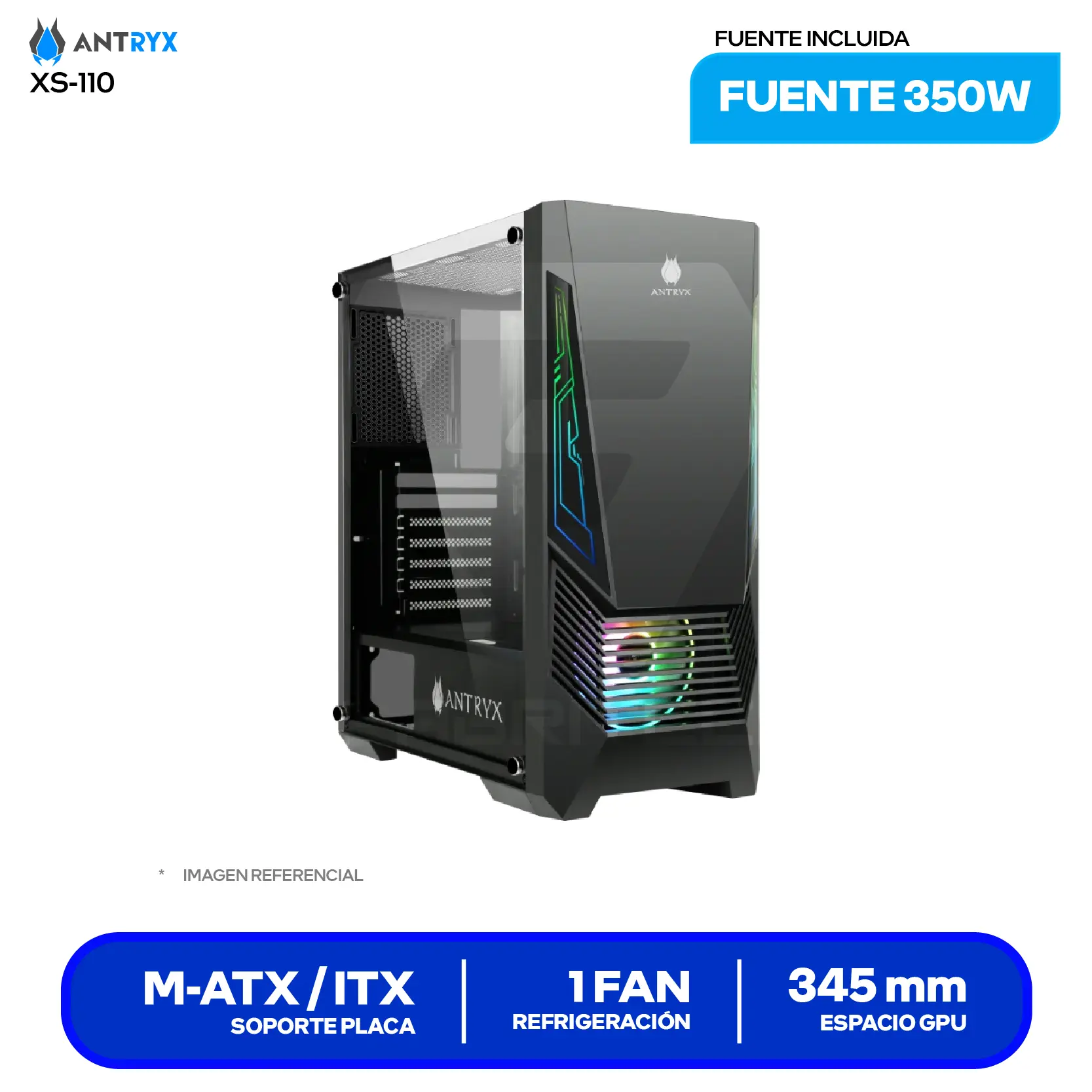 Case Gamer Antryx Xtreme NC-257 (AC-XNC257K-500CP) Con fuente de 500W, Vidrio templado, 1 fan ARGB