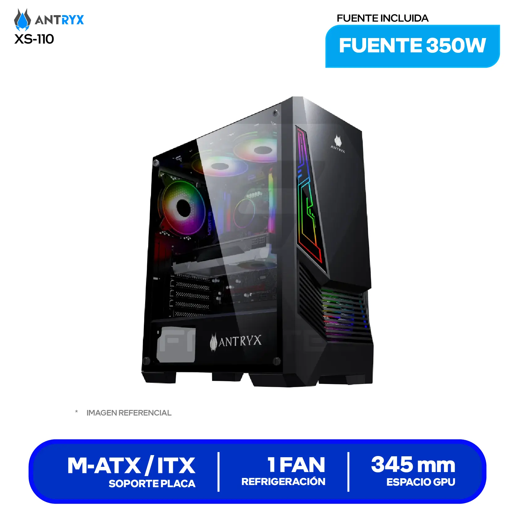 Case Gamer Antryx Xtreme NC-257 (AC-XNC257K-500CP) Con fuente de 500W, Vidrio templado, 1 fan ARGB