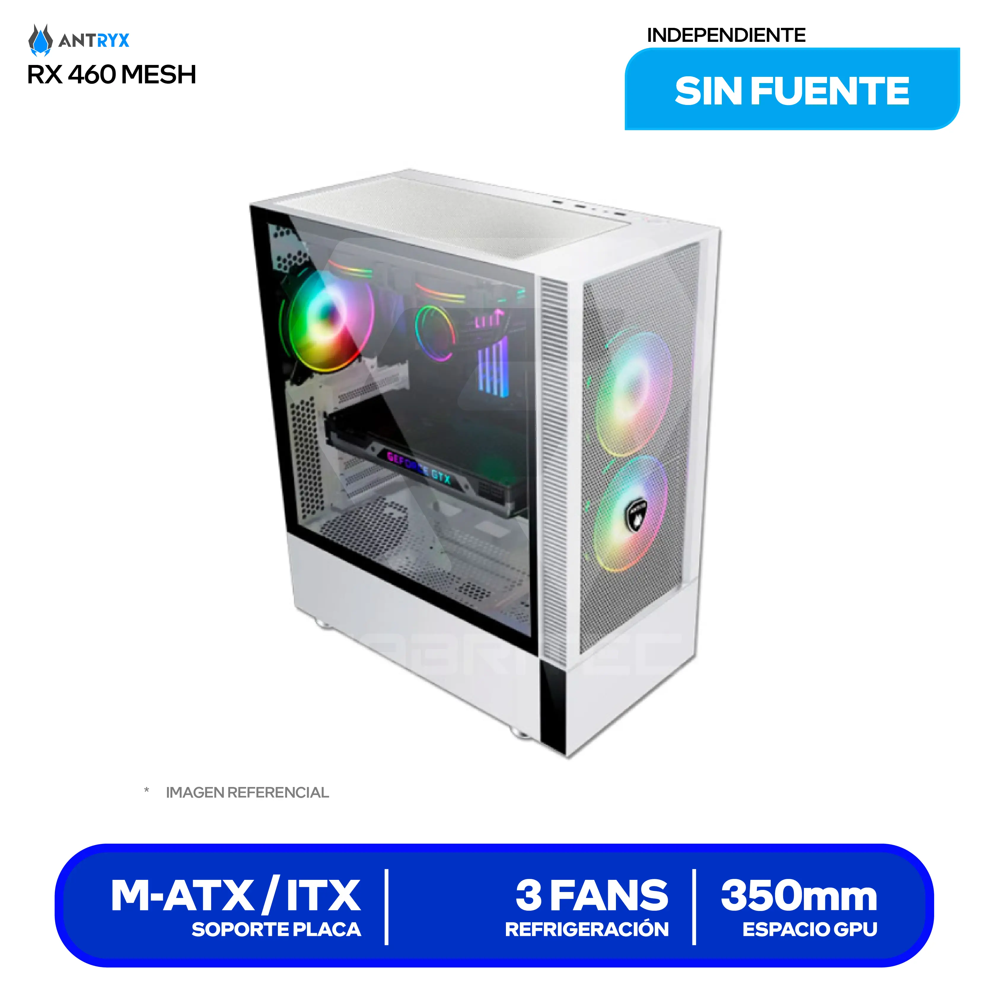 Case Gamer Antryx RX 460 Mesh White (AC-RX460MW) Sin Fuente, Vidrio Templado, 3 Fans ARGB