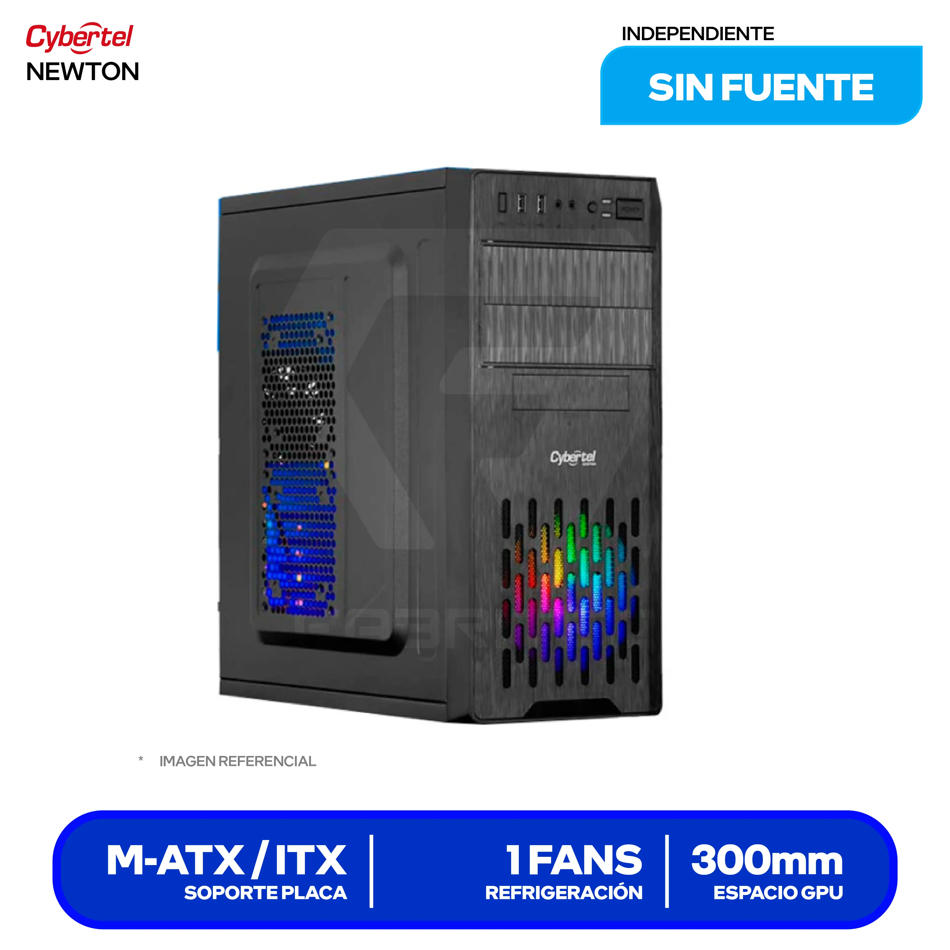 Case Cybertel Newton CYB C203+ (CYB C203+) Con Fuente 230W, Panel Metálico, 2 Fan Rainbow