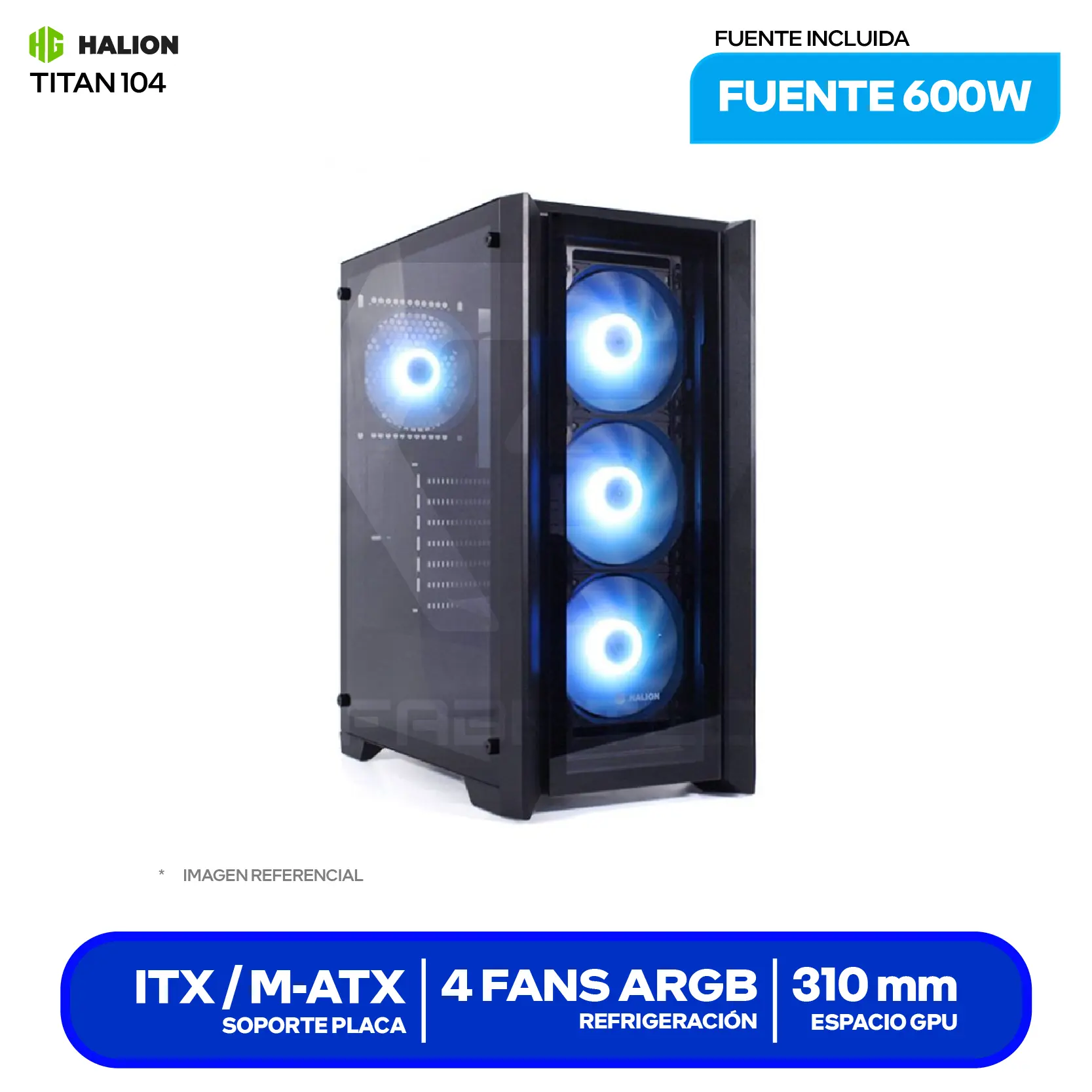 Case Gamer Halion Titan (TITAN 104) Con fuente de 600W, Doble vidrio templado, 4 fans RGB