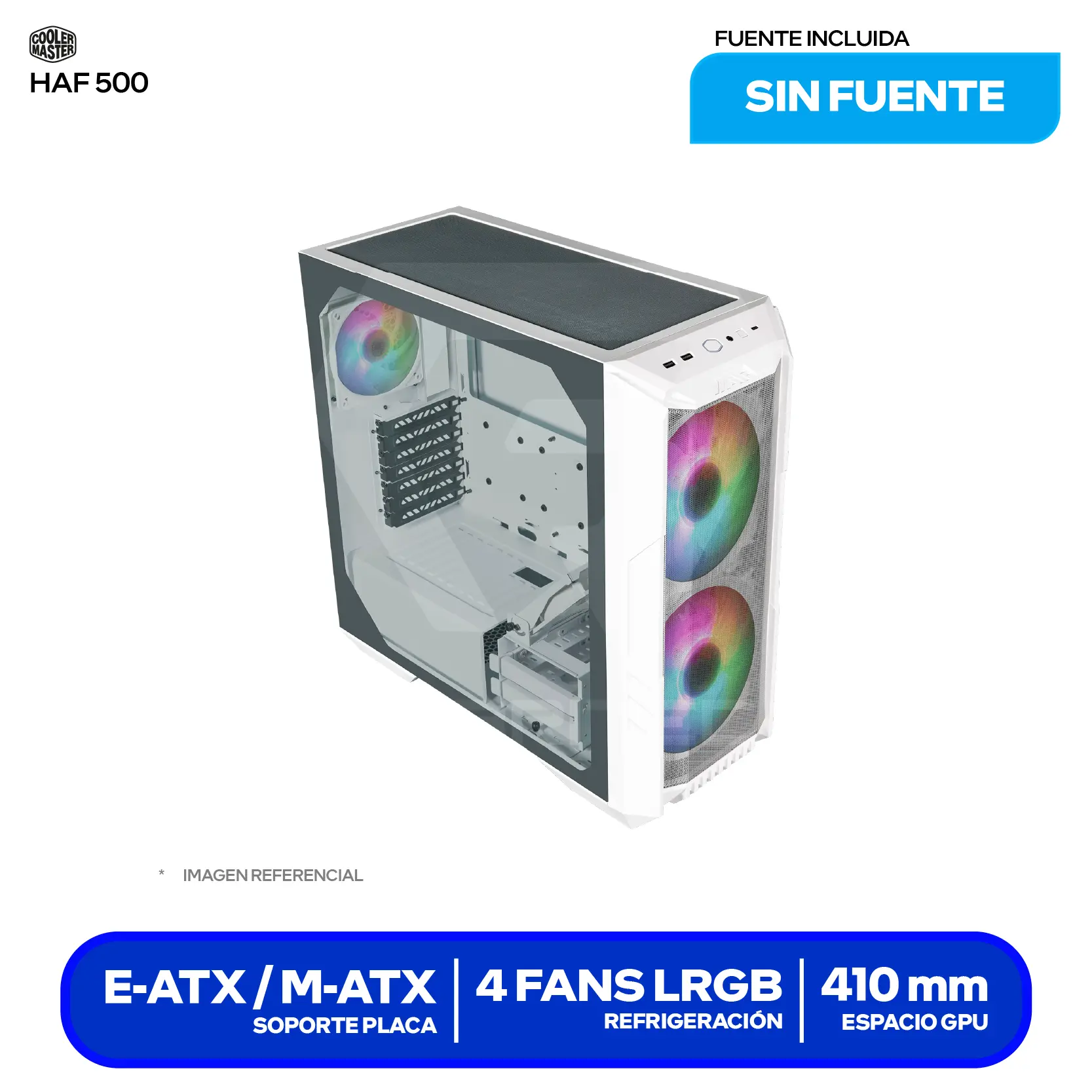Case Gamer Cooler Master HAF 500 White (H500-WGNN-S00) Sin fuente, Vidrio templado, 4 fans (3 ARGB / 1 Sin LED)