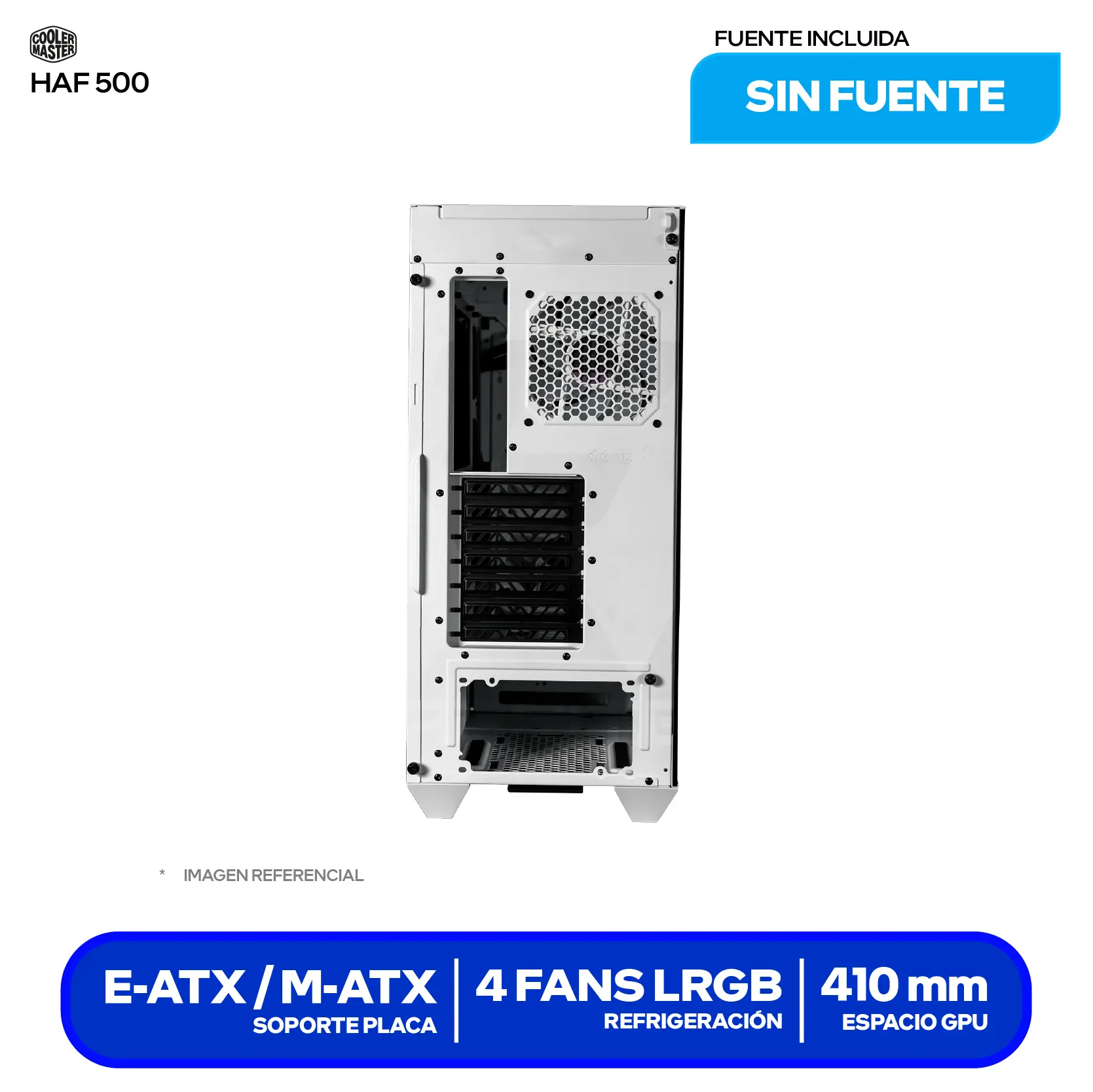Case Gamer Cooler Master HAF 500 White (H500-WGNN-S00) Sin fuente, Vidrio templado, 4 fans (3 ARGB / 1 Sin LED)