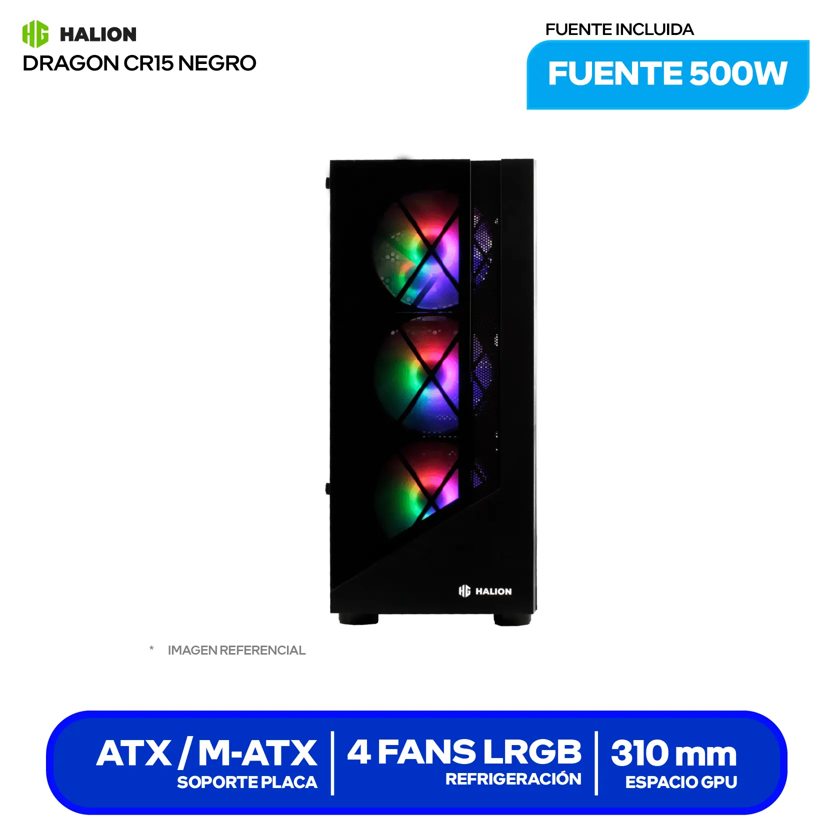 Case Gamer Halion Dragon CR15 White (CR15-B) Con fuente de 500W, Doble vidrio templado, 4 fans LED