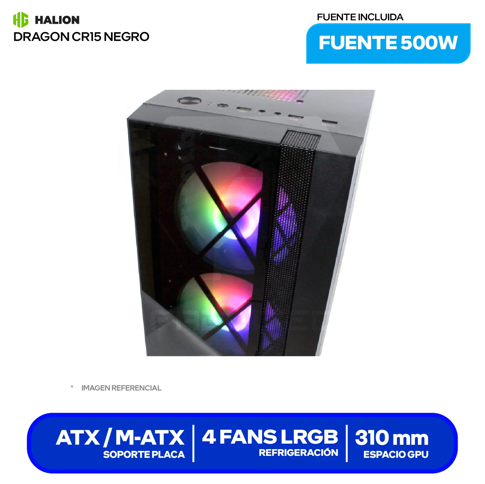 Case Gamer Halion Dragon CR15 White (CR15-B) Con fuente de 500W, Doble vidrio templado, 4 fans LED