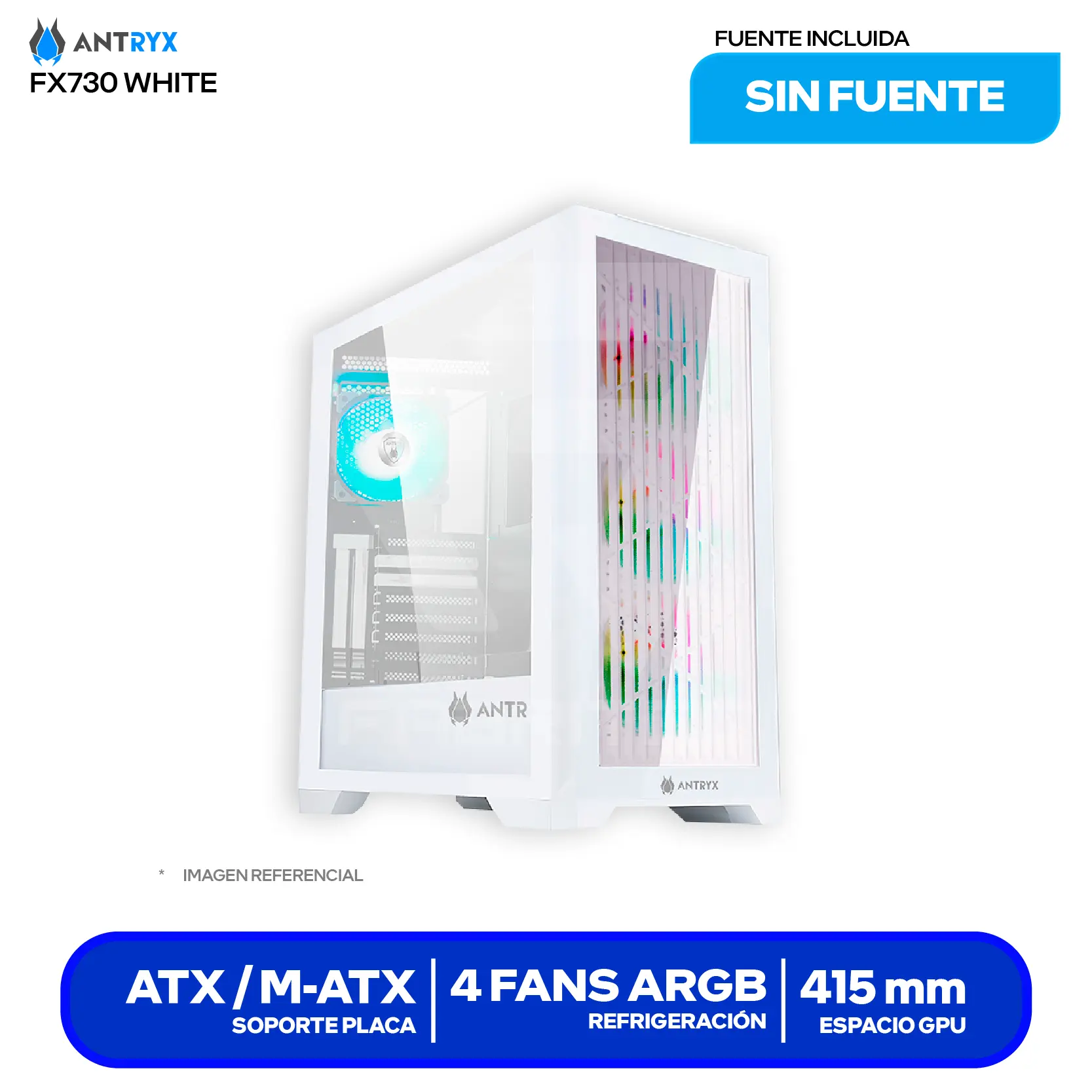 Case Gamer Antryx FX 730 White (AC-FX730W) Sin fuente, Vidrio templado, 4 fans ARGB