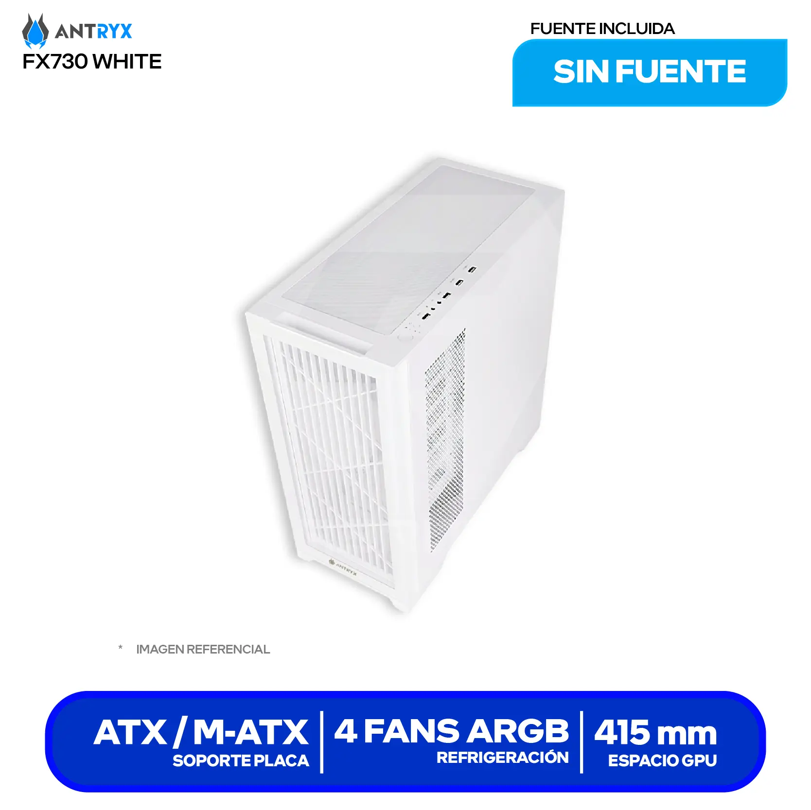 Case Gamer Antryx FX 730 White (AC-FX730W) Sin fuente, Vidrio templado, 4 fans ARGB