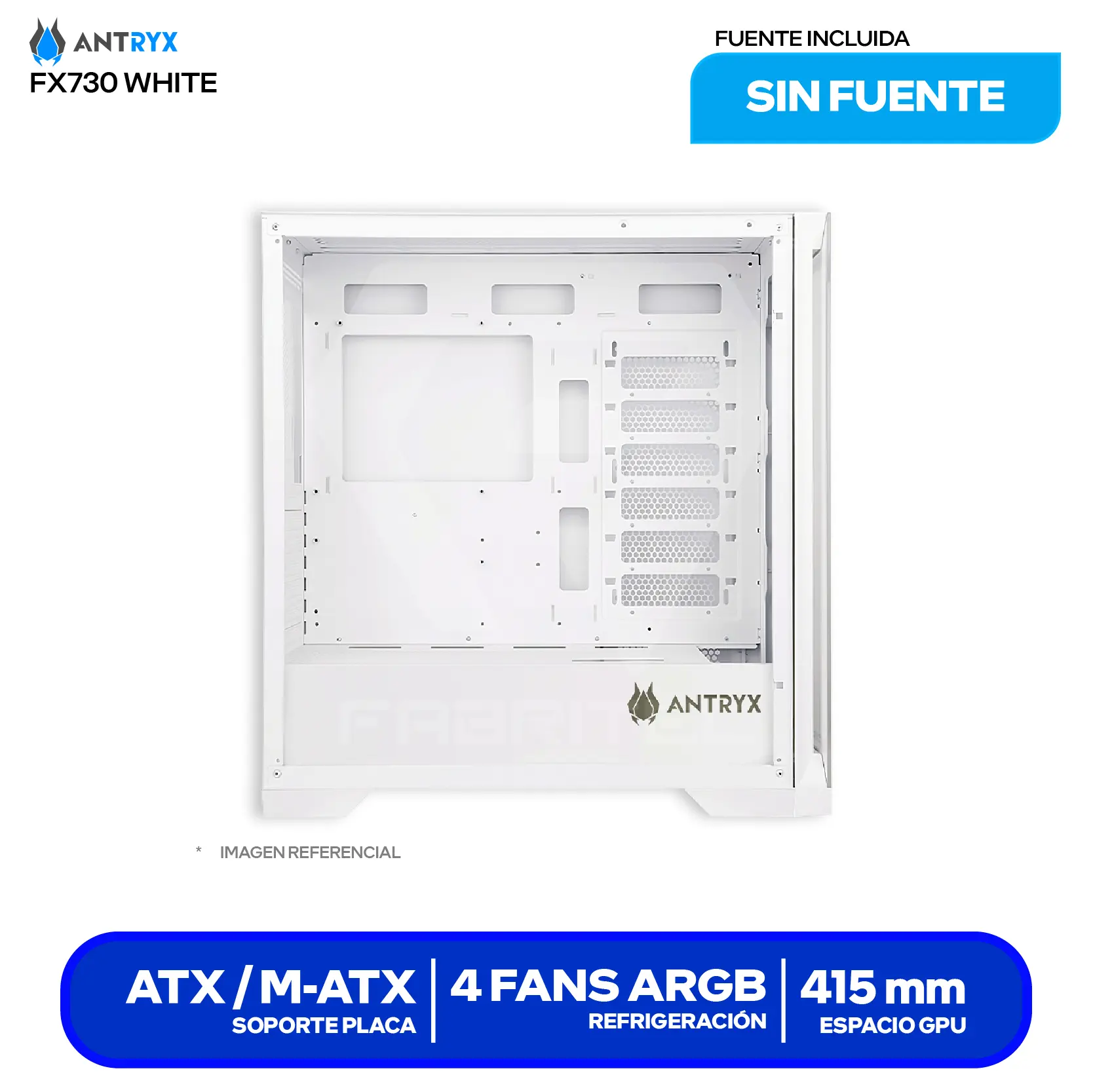 Case Gamer Antryx FX 730 White (AC-FX730W) Sin fuente, Vidrio templado, 4 fans ARGB