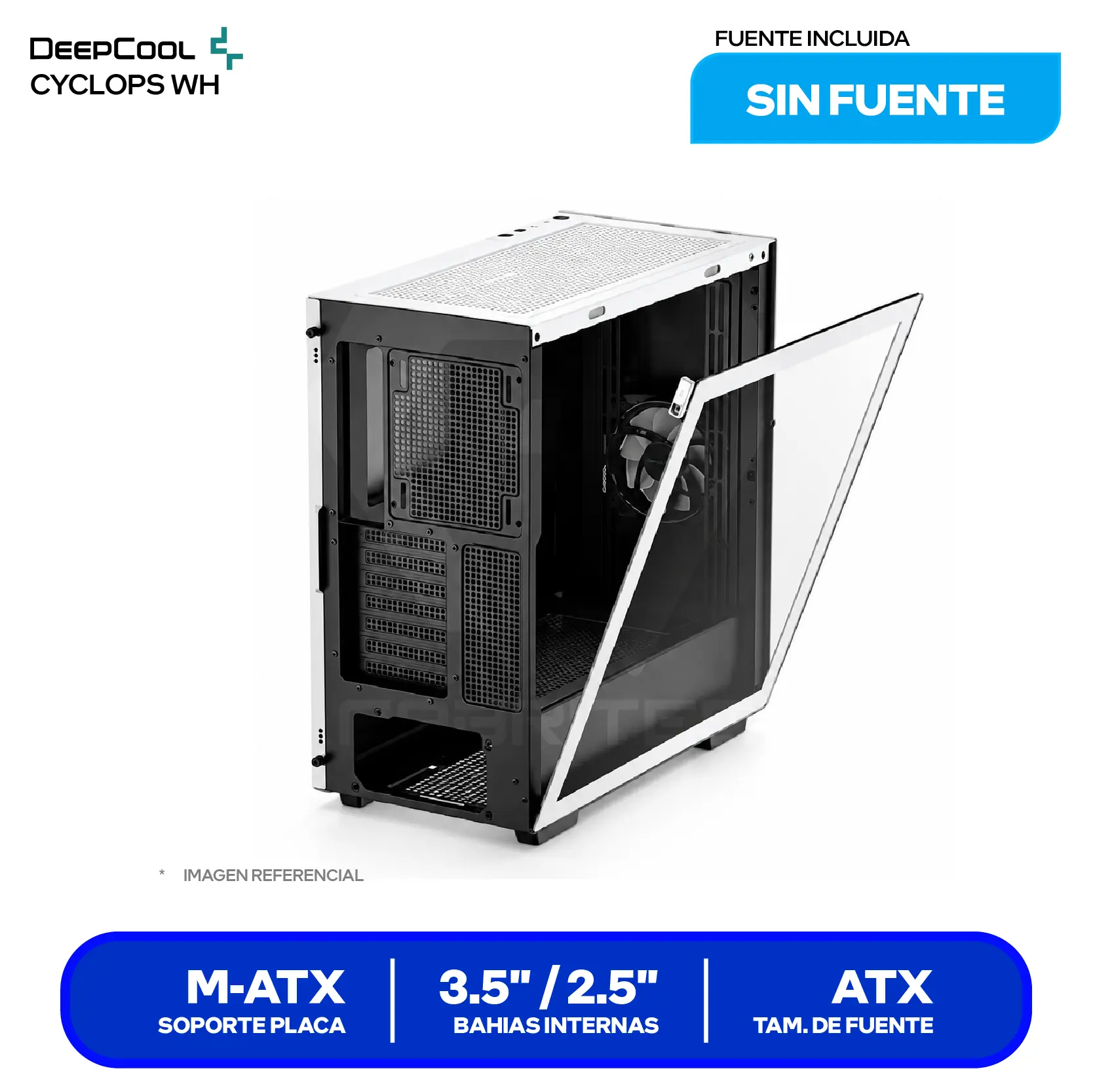 Case Gamer DeepCool Cyclops WH (R-WHAEE1-C-1) Sin fuente, Vidrio templado, 1 fan ARGB