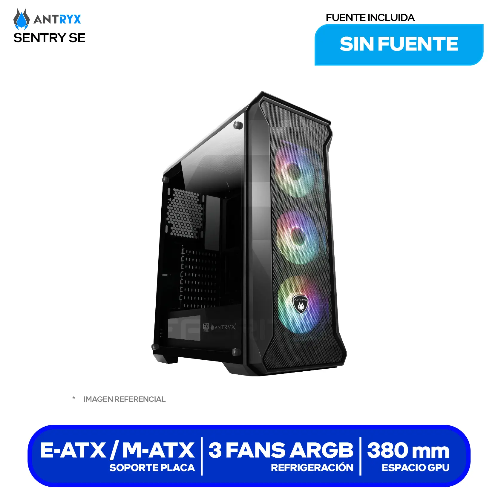 Case Gamer Antryx FX Chrome Storm Sentry SE (AC-FX260SEK-T3DR) Sin fuente, Vidrio templado, 3 fans ARGB