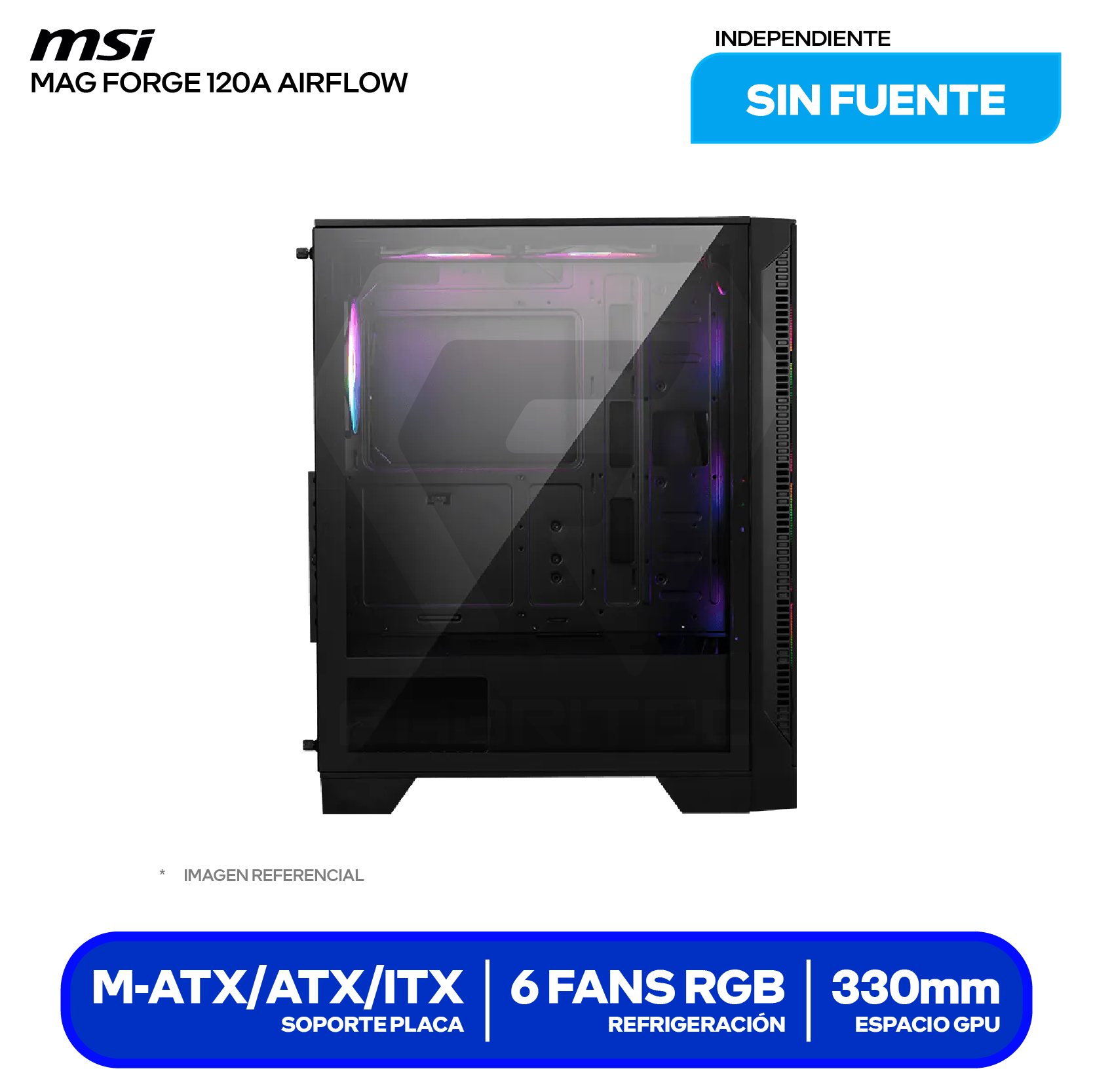 Case Gamer MSI MAG Forge 120A Airflow (MAG FORGE 120A AIRFLOW) Sin fuente, Vidrio templado, 6 fans RGB