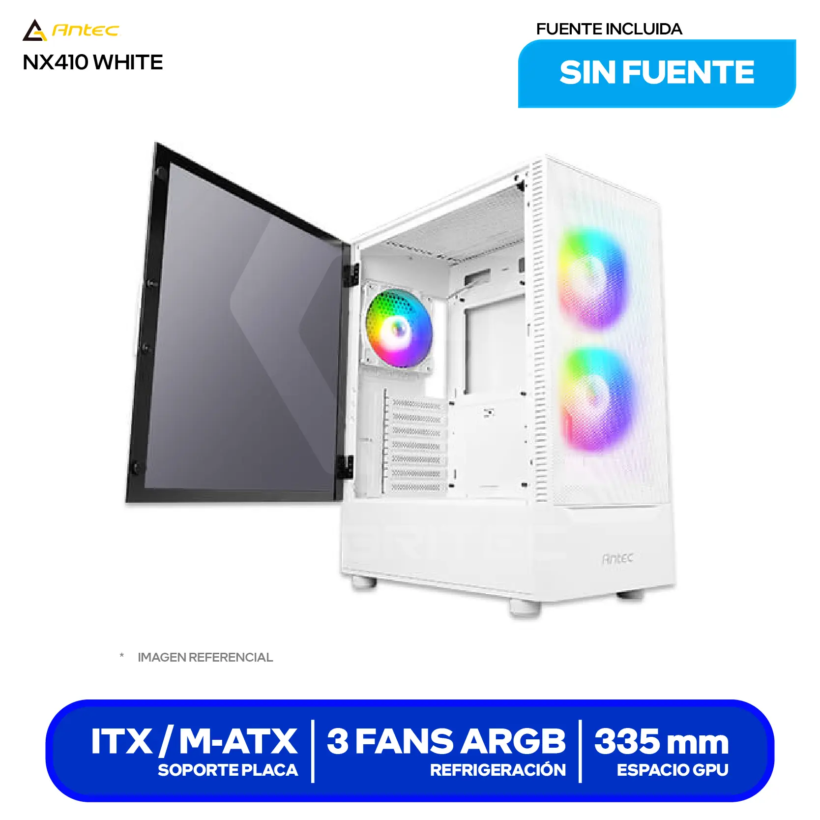 Case Gamer Antec NX410 White (0-761345-81042-5) Sin fuente, Vidrio templado, 3 fans ARGB