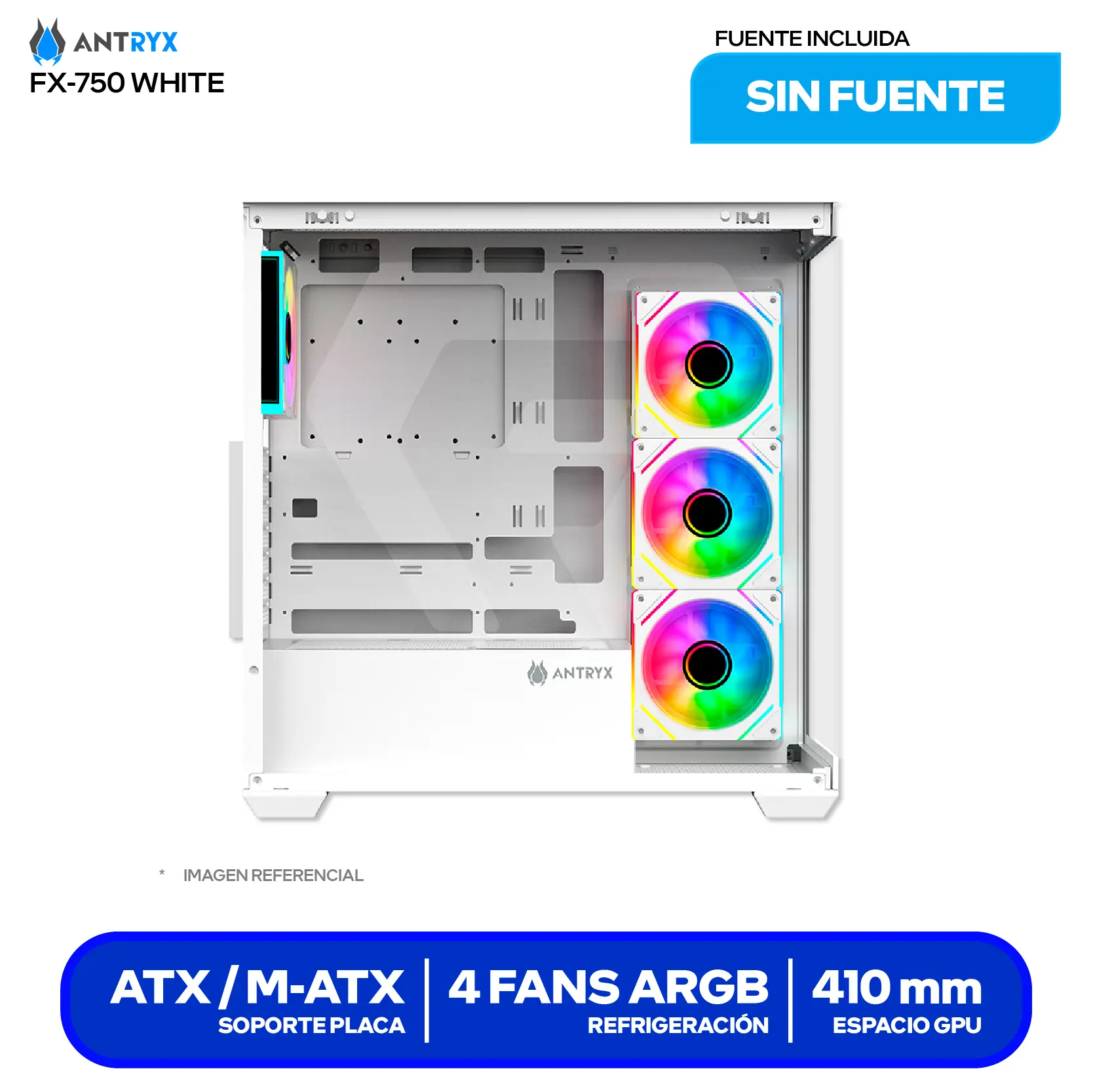 Case Gamer Antryx FX 750 White (AC-FX750W) Sin fuente, Doble vidrio templado, 4 fans ARGB Infinity