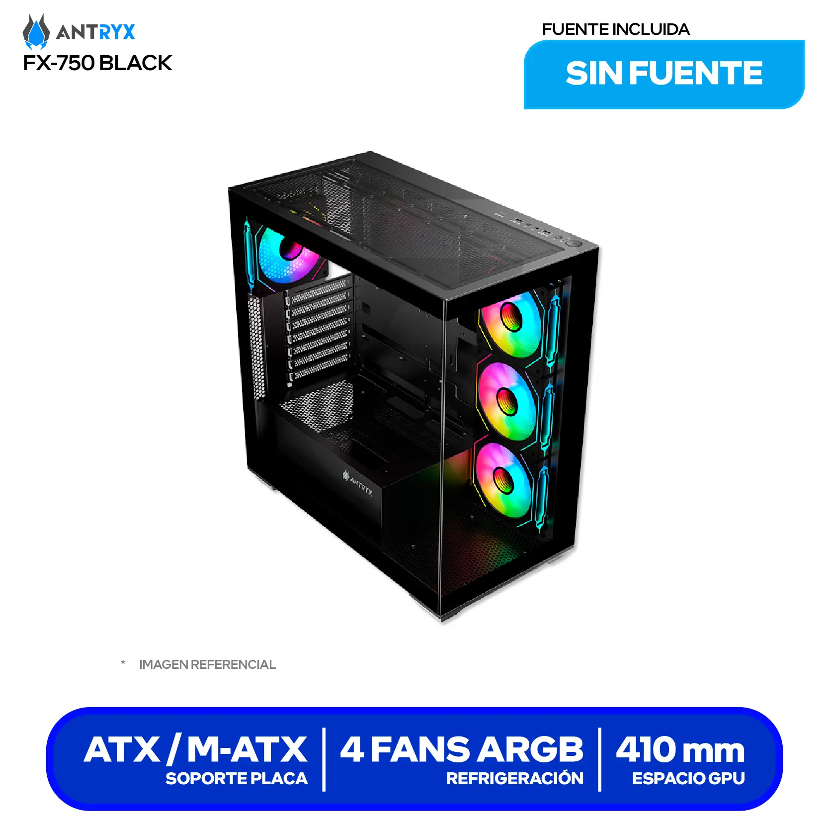 Case Gamer Antryx FX 750 Black (AC-FX750K) Sin fuente, Doble vidrio templado, 4 fans ARGB Infinity
