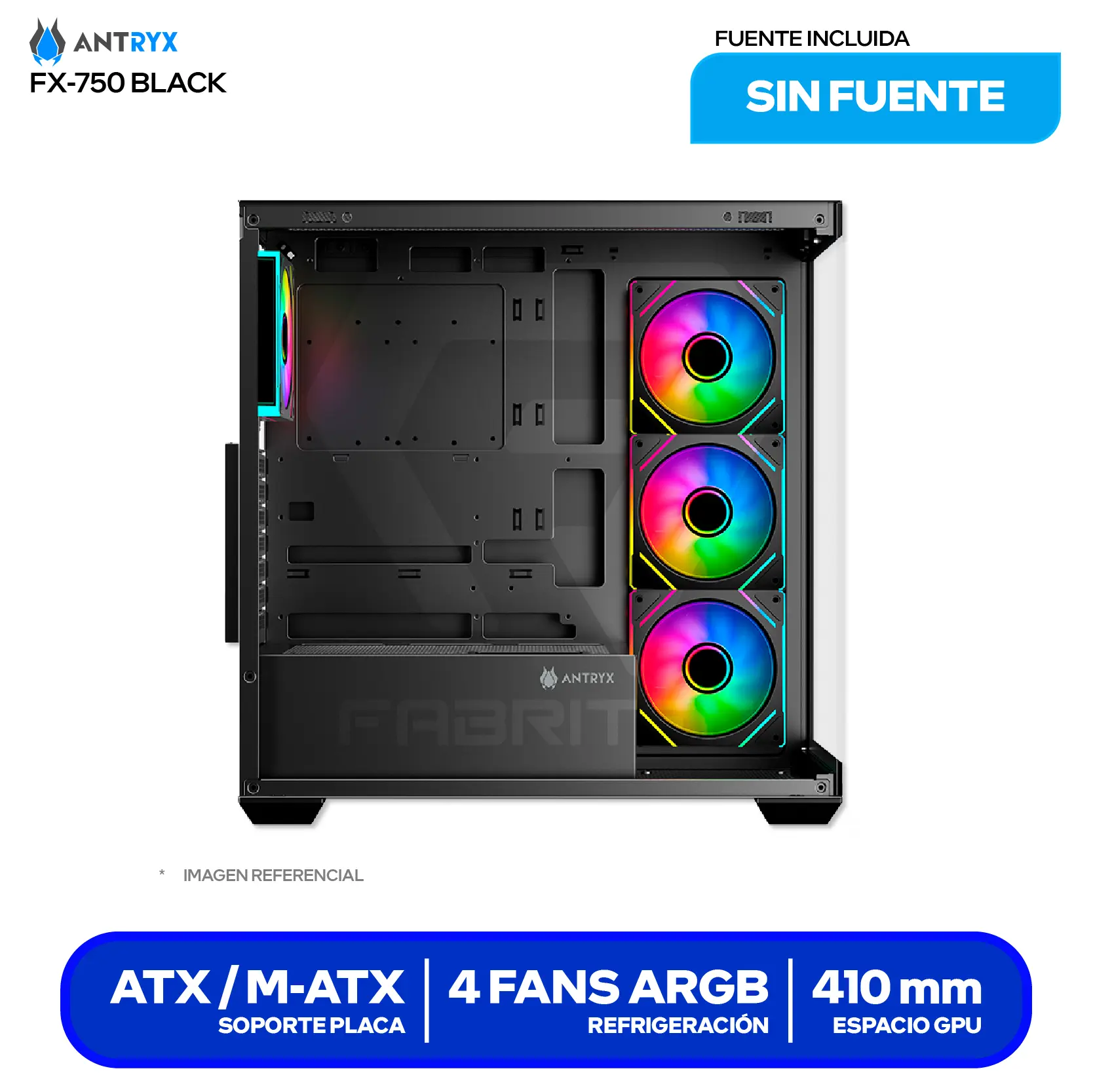Case Gamer Antryx FX 750 Black (AC-FX750K) Sin fuente, Doble vidrio templado, 4 fans ARGB Infinity