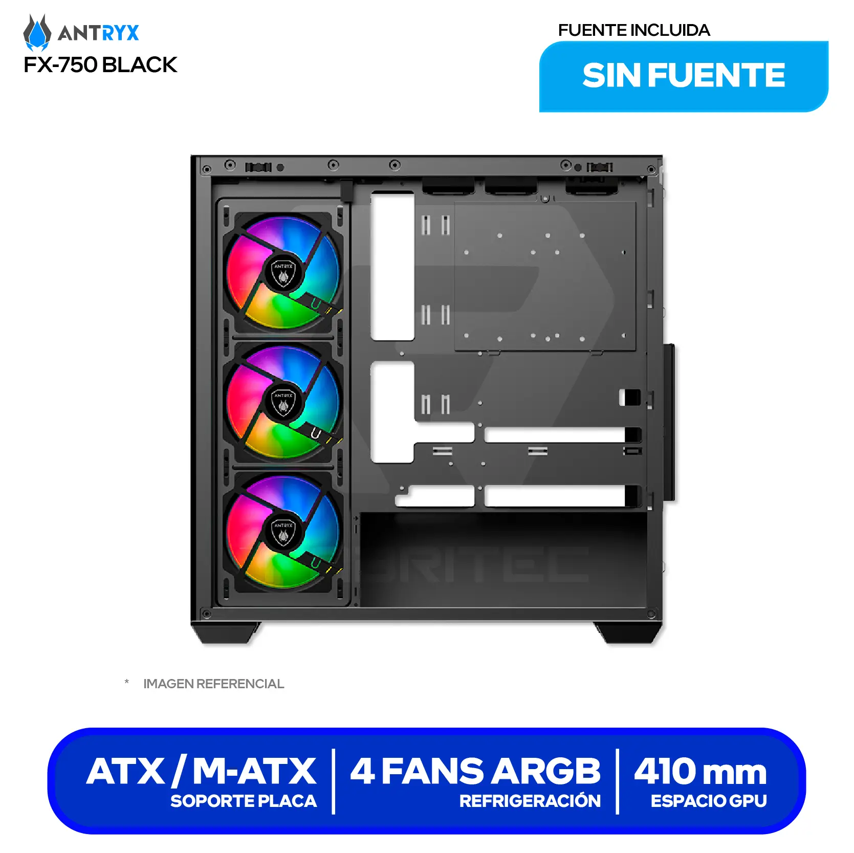 Case Gamer Antryx FX 750 Black (AC-FX750K) Sin fuente, Doble vidrio templado, 4 fans ARGB Infinity
