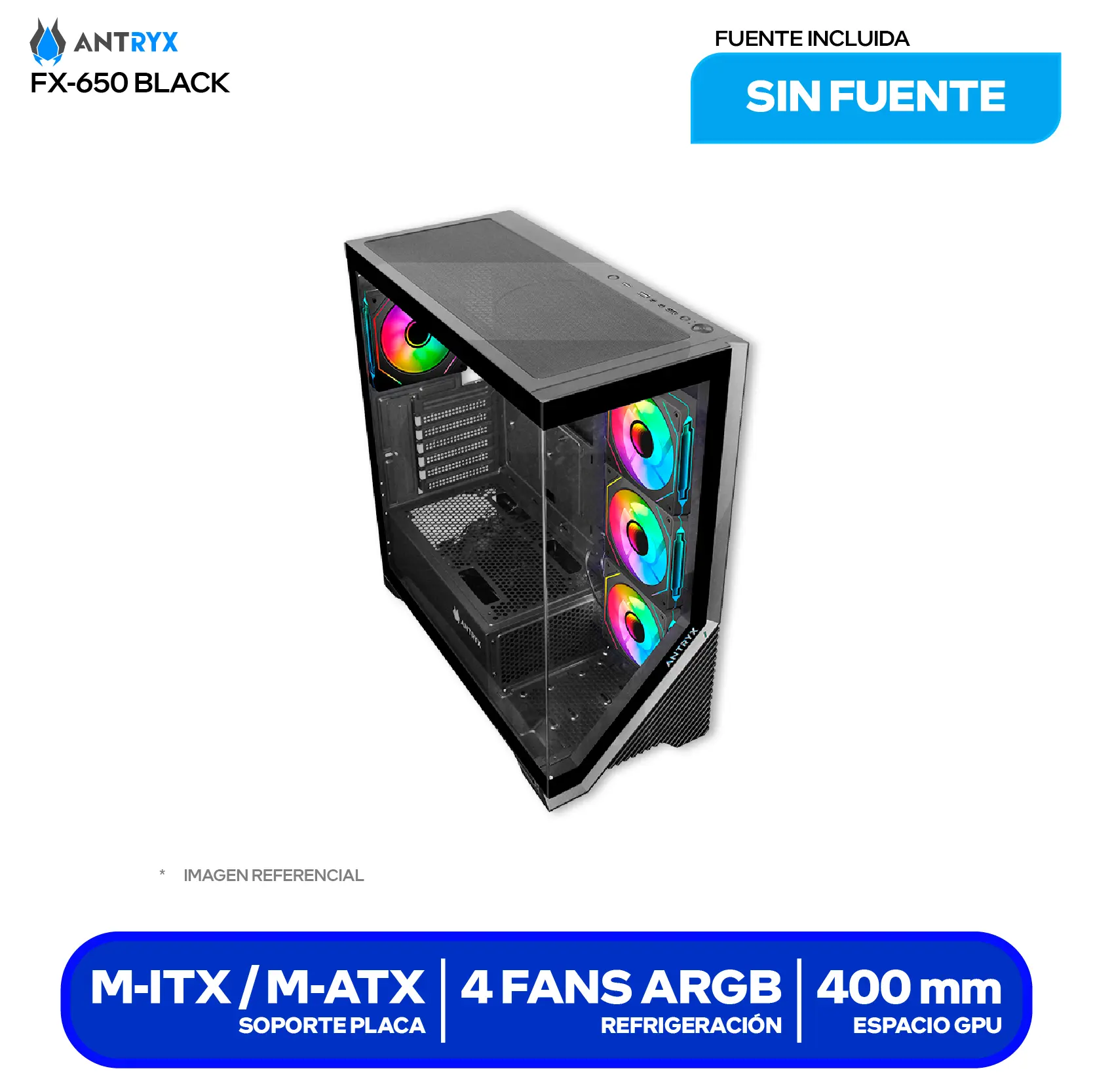Case Gamer Antryx FX 650 Black (AC-FX650K) Sin fuente, Doble vidrio templado, 4 fans ARGB Infinity