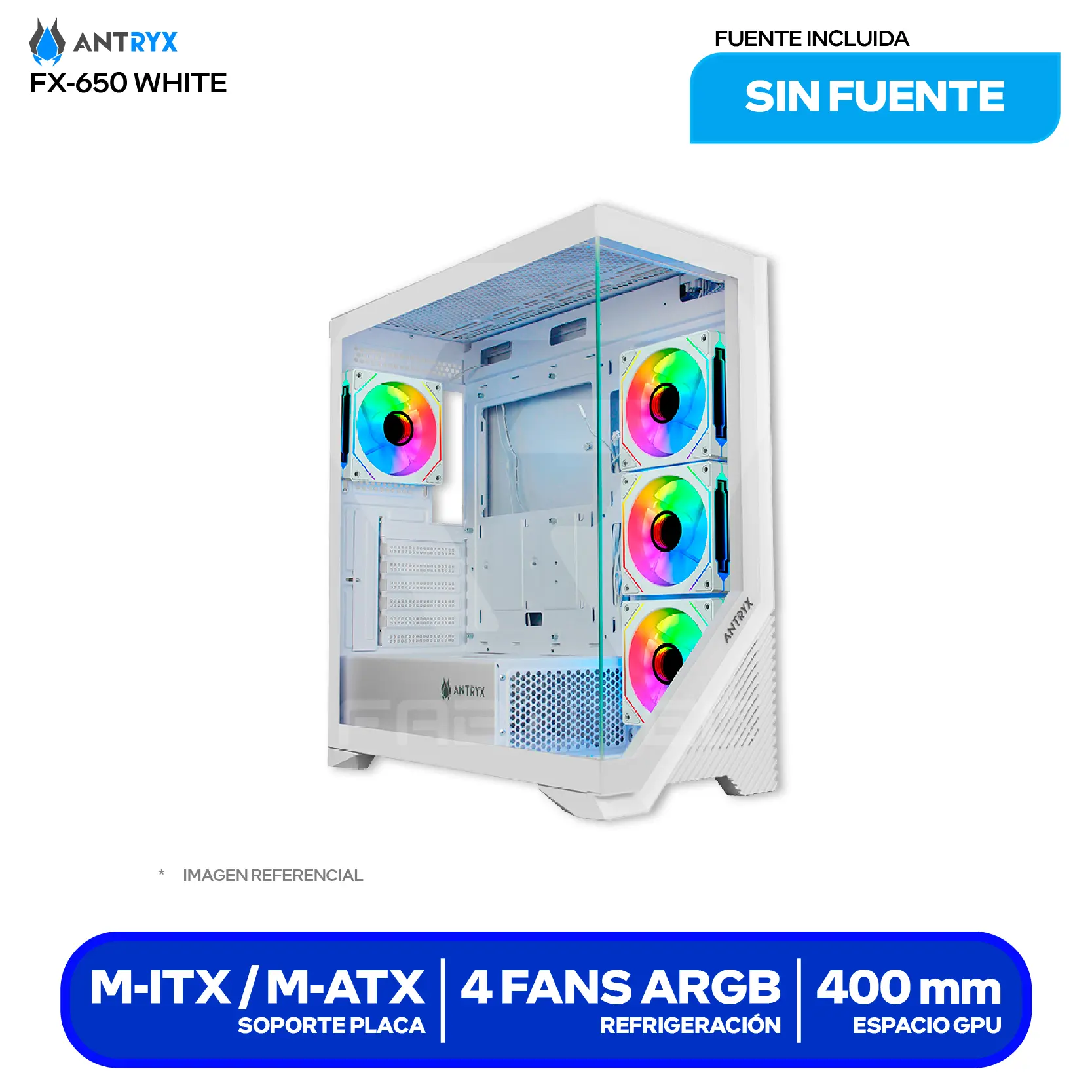 Case Gamer Antryx FX 650 White (AC-FX650W) Sin fuente, Doble vidrio templado, 4 fans ARGB Infinity