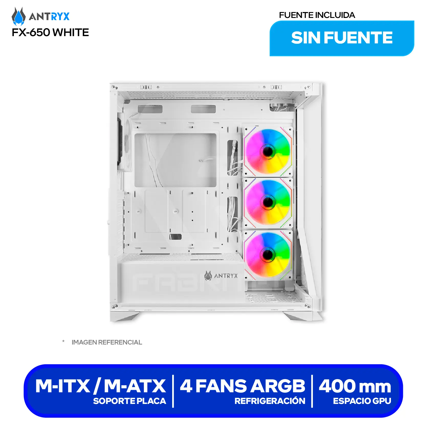 Case Gamer Antryx FX 650 White (AC-FX650W) Sin fuente, Doble vidrio templado, 4 fans ARGB Infinity