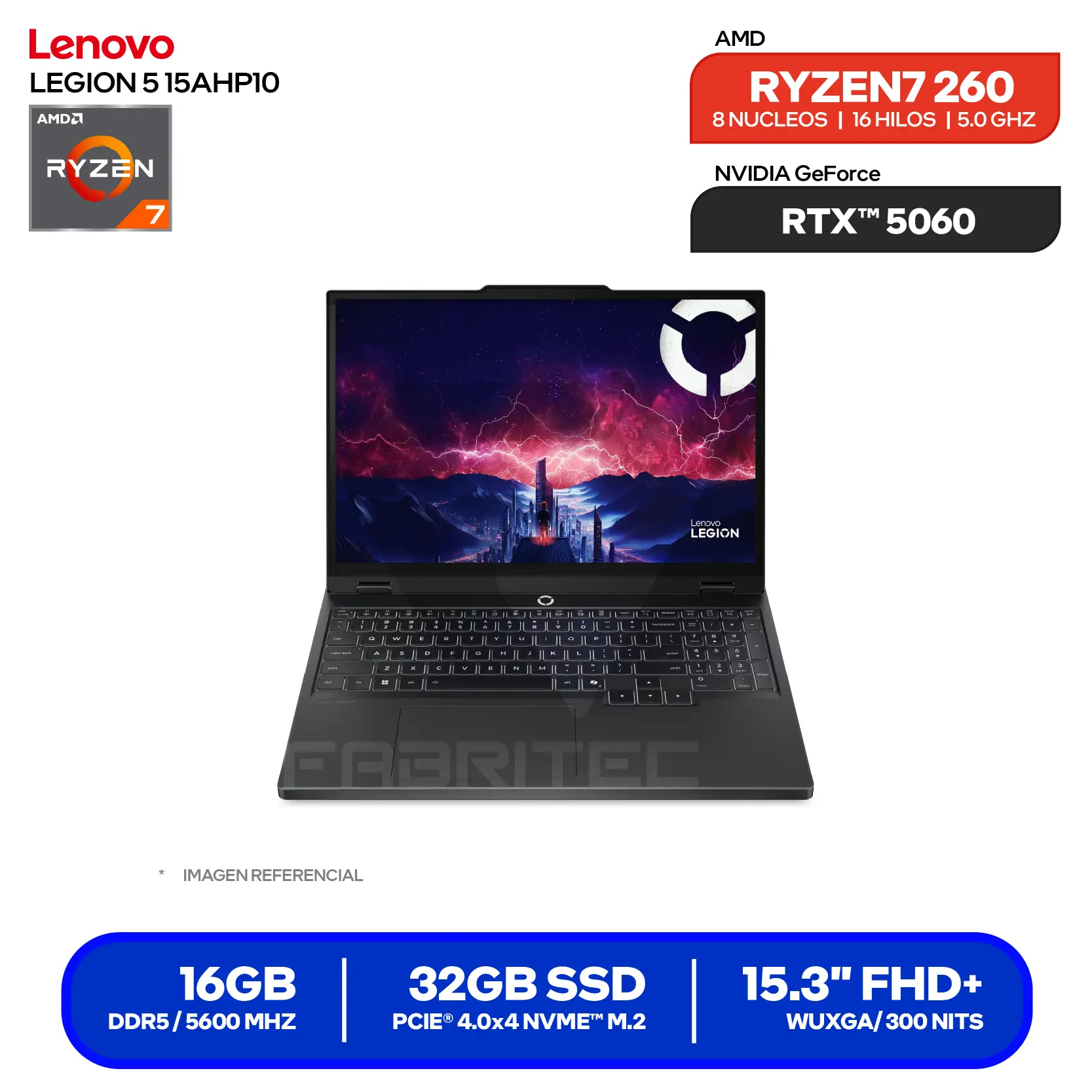 Laptop Gamer Lenovo Legion 5 15AHP10  (83M0005GLM) AMD Ryzen 7 260, 16GB RAM, 1TB SSD, RTX 5060 8GB, 15.3" FHD+, FreeDOS