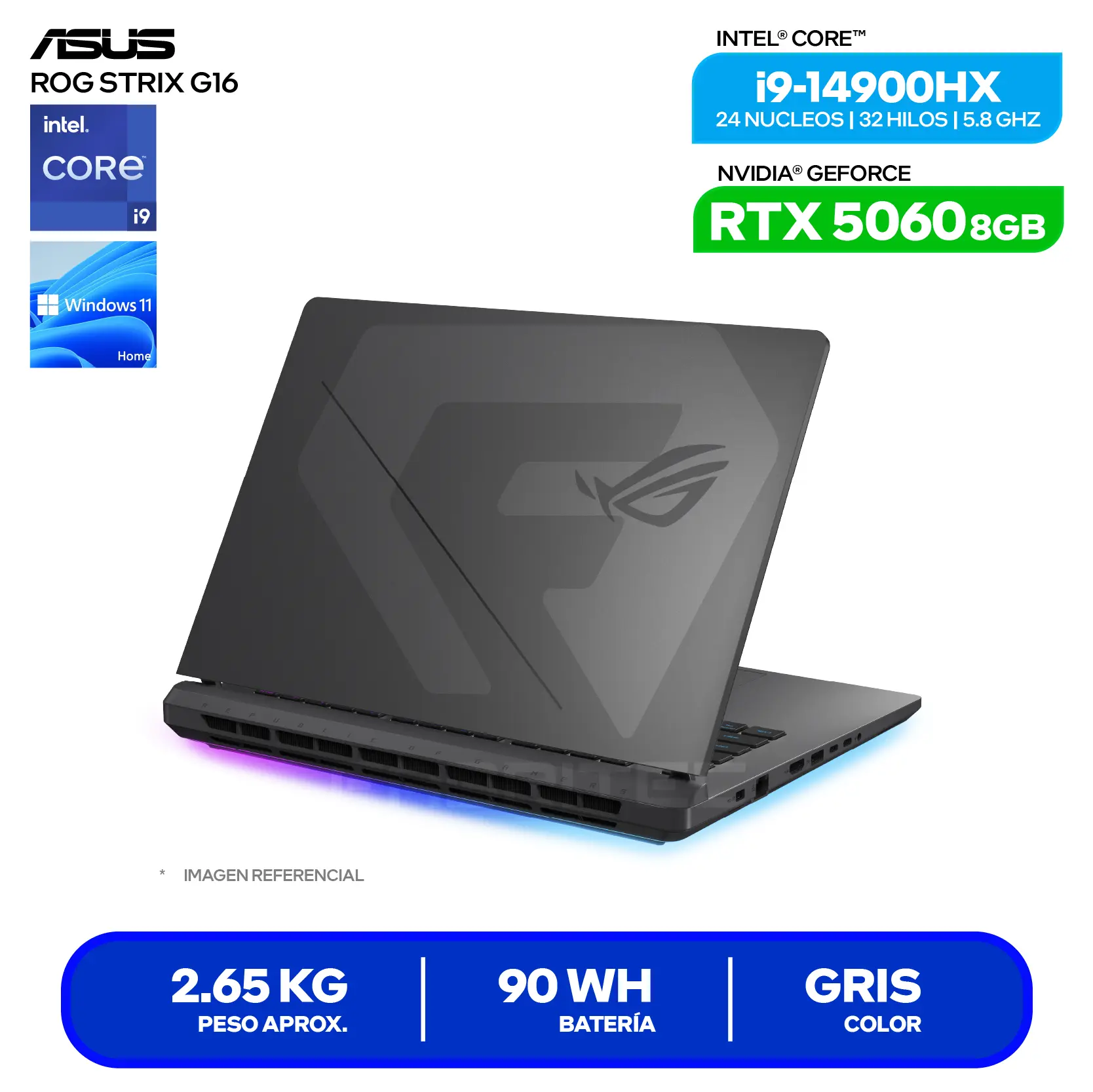 Laptop Asus Rog Strix G16 G615JMR-RV396W(90NR0LB1-M00JJ0) Intel Core i9-14900H, GeForce RTX 5060 8GB, 16GB RAM, 512GB SSD, 16'' FHD+, Windows 11 Home