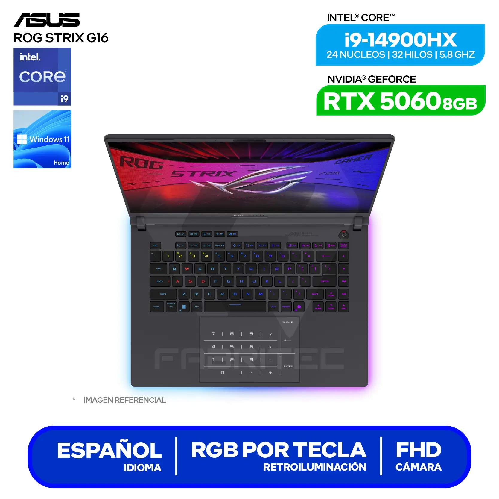 Laptop Asus Rog Strix G16 G615JMR-RV396W(90NR0LB1-M00JJ0) Intel Core i9-14900H, GeForce RTX 5060 8GB, 16GB RAM, 512GB SSD, 16'' FHD+, Windows 11 Home