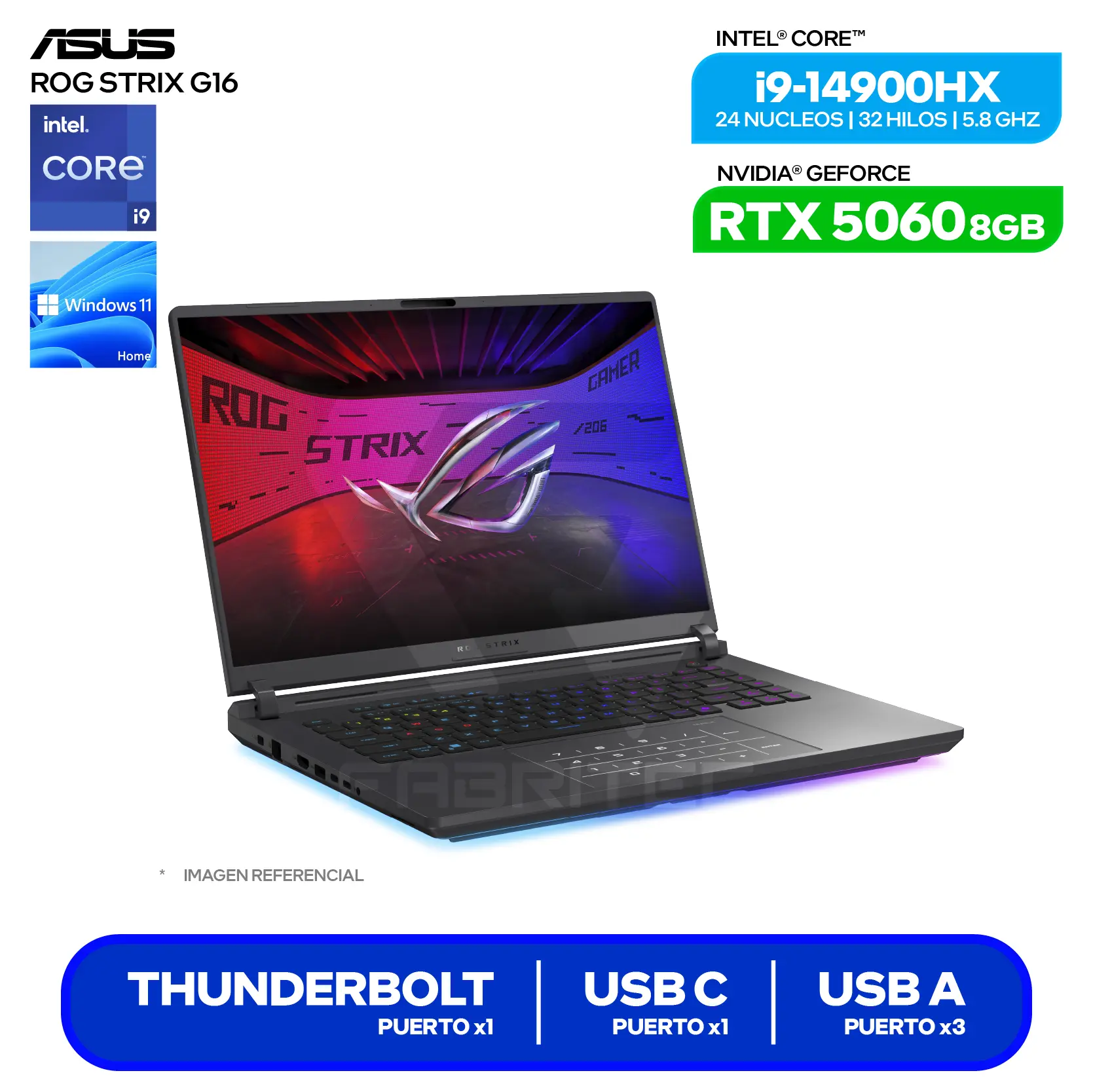 Laptop Asus Rog Strix G16 G615JMR-RV396W(90NR0LB1-M00JJ0) Intel Core i9-14900H, GeForce RTX 5060 8GB, 16GB RAM, 512GB SSD, 16'' FHD+, Windows 11 Home