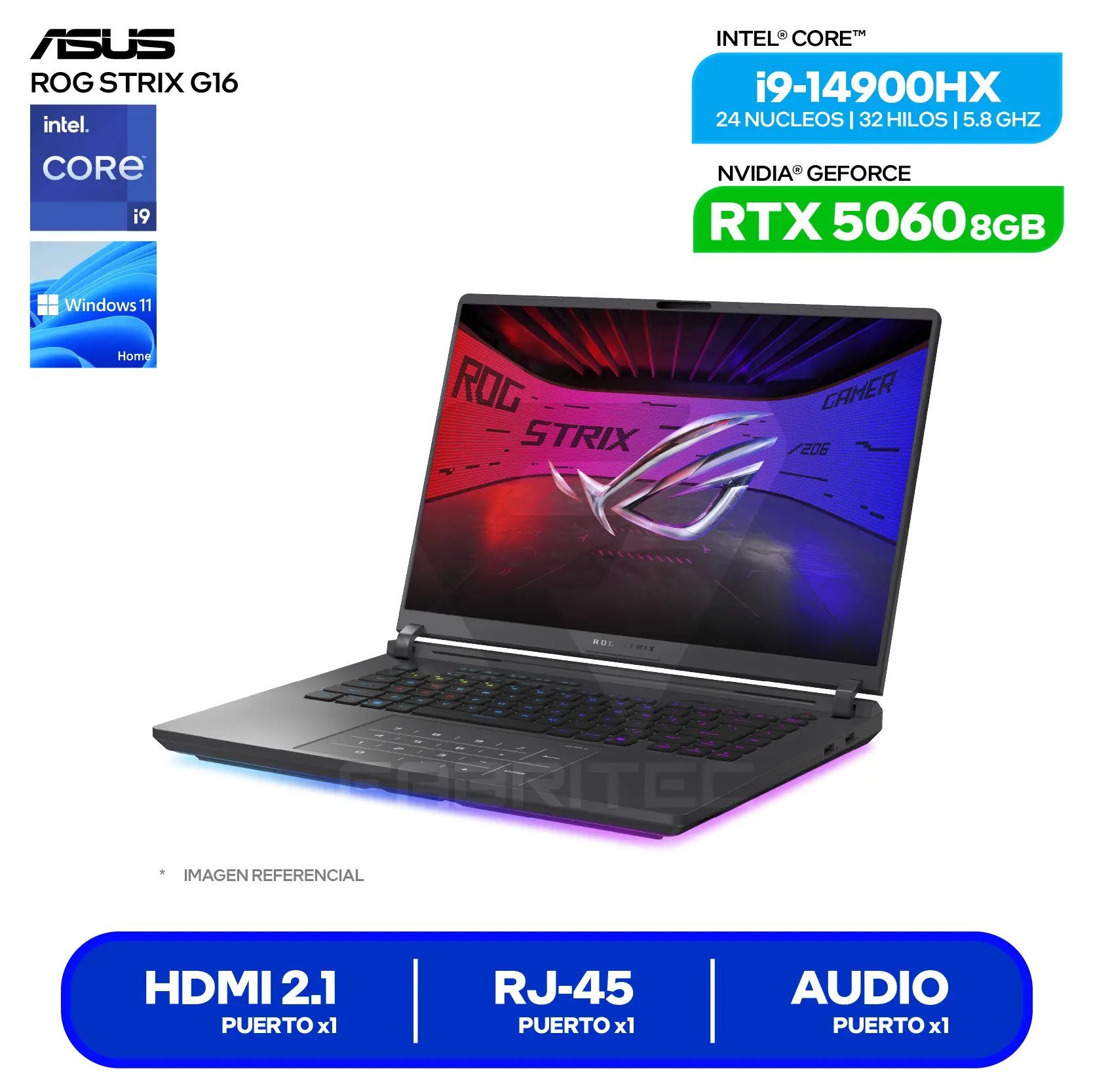 Laptop Asus Rog Strix G16 G615JMR-RV396W(90NR0LB1-M00JJ0) Intel Core i9-14900H, GeForce RTX 5060 8GB, 16GB RAM, 512GB SSD, 16'' FHD+, Windows 11 Home