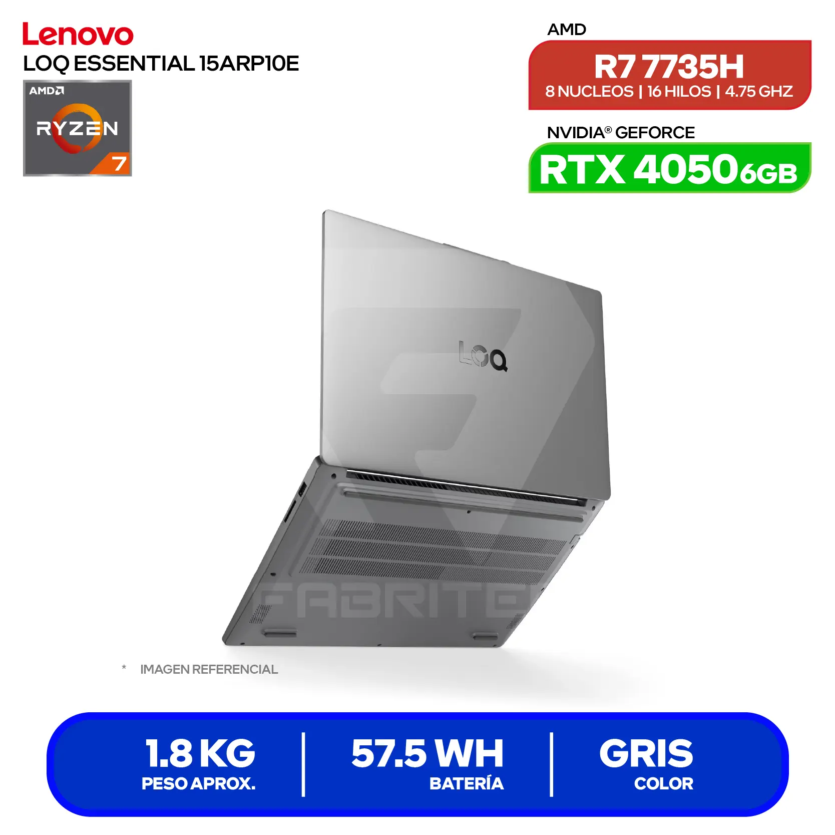 Laptop Lenovo LOQ Essential 15ARP10E (83S0001LLM) AMD Ryzen 7 7735HS, GeForce RTX 4050 6GB, 16GB RAM, 512GB SSD, 15.6'' FHD, FreeDos