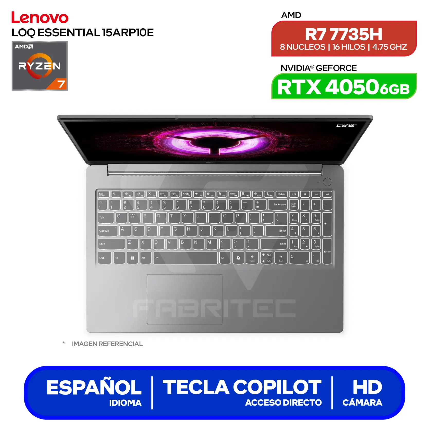 Laptop Lenovo LOQ Essential 15ARP10E (83S0001LLM) AMD Ryzen 7 7735HS, GeForce RTX 4050 6GB, 16GB RAM, 512GB SSD, 15.6'' FHD, FreeDos