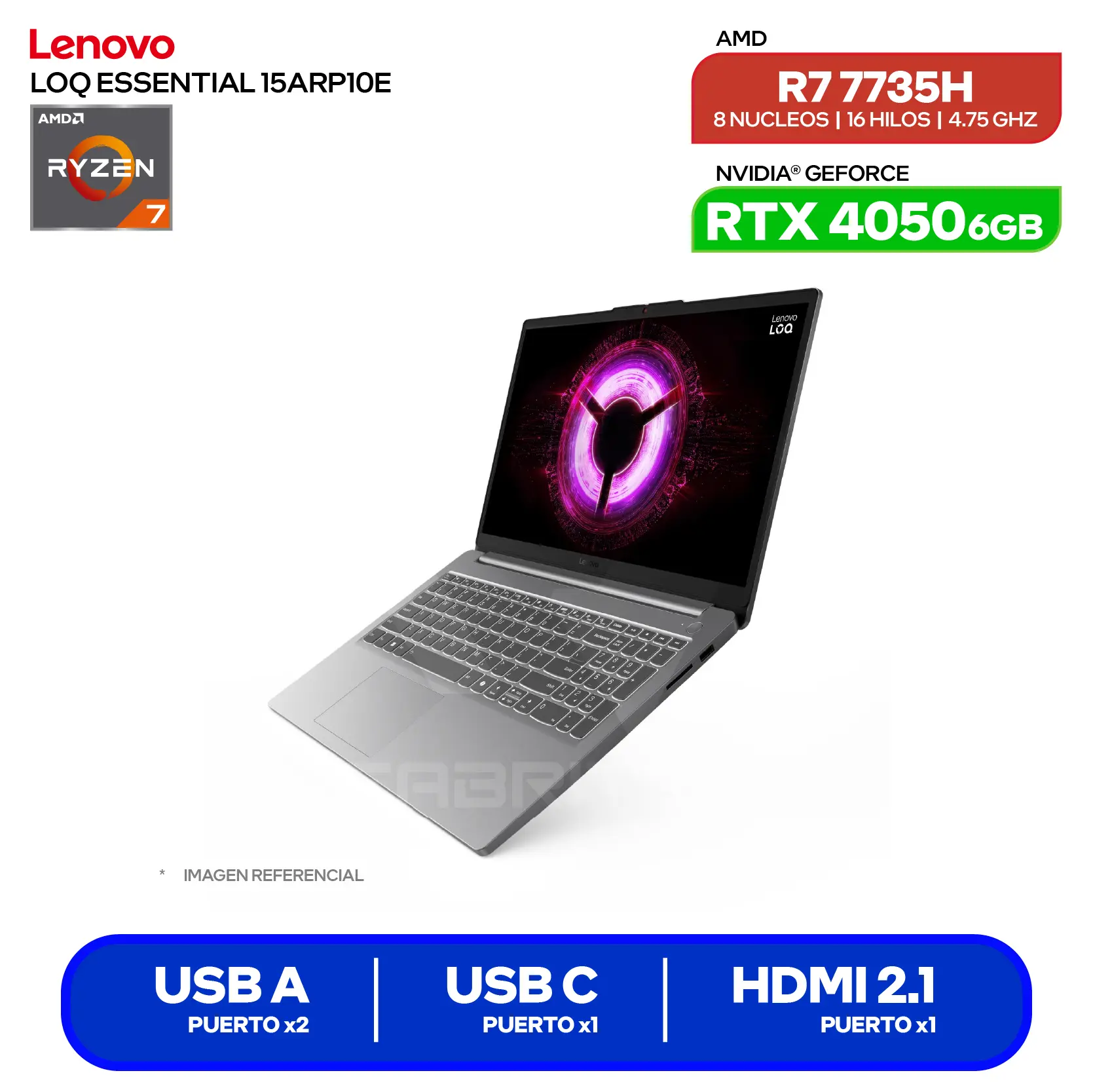 Laptop Lenovo LOQ Essential 15ARP10E (83S0001LLM) AMD Ryzen 7 7735HS, GeForce RTX 4050 6GB, 16GB RAM, 512GB SSD, 15.6'' FHD, FreeDos