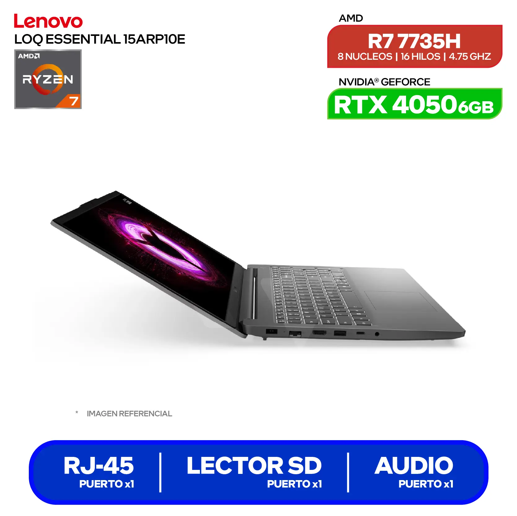 Laptop Lenovo LOQ Essential 15ARP10E (83S0001LLM) AMD Ryzen 7 7735HS, GeForce RTX 4050 6GB, 16GB RAM, 512GB SSD, 15.6'' FHD, FreeDos