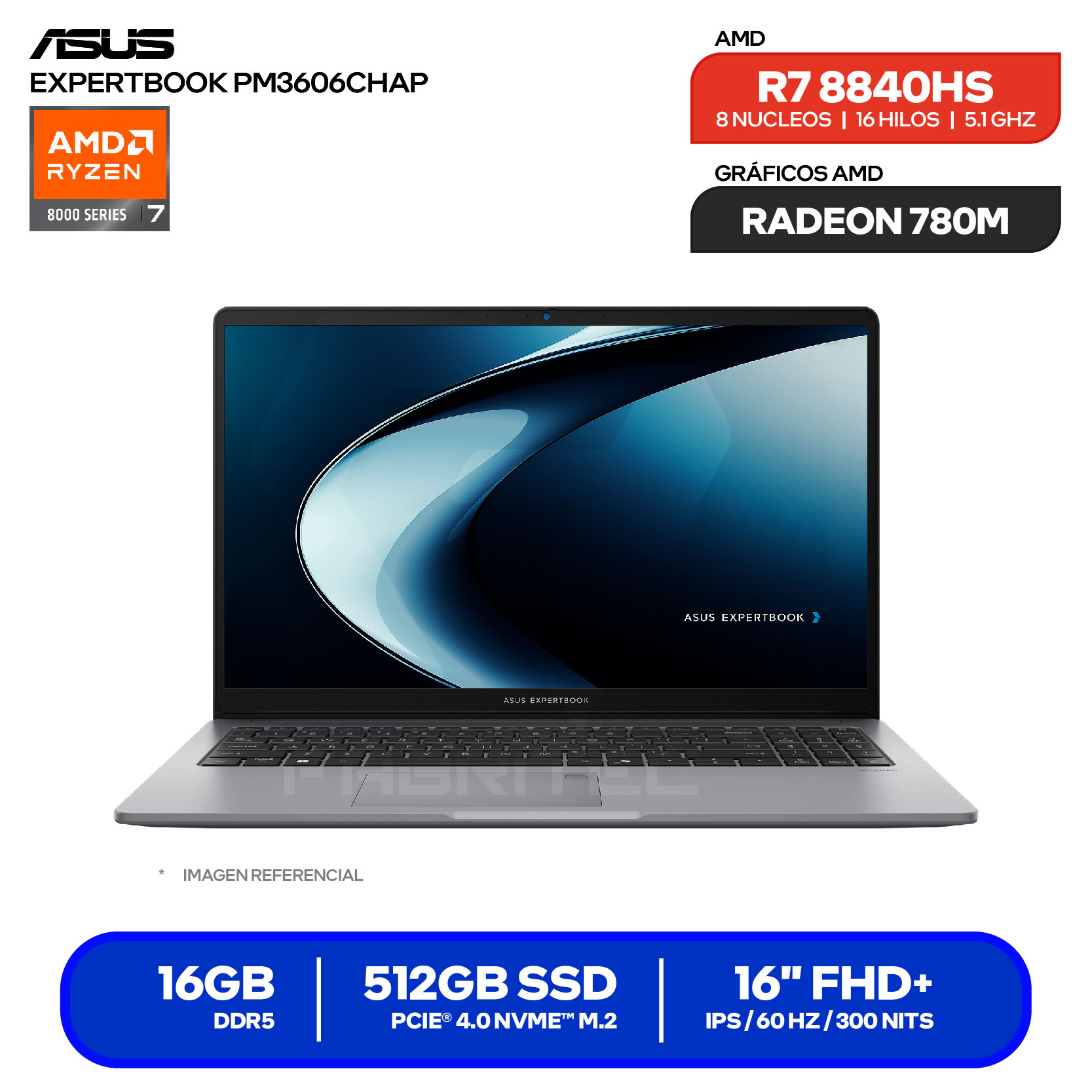 Laptop Asus Expertbook PM3606CHAP-MB0179 (90NX09T1-M00680) AMD Ryzen 7 8840HS, RAM 16GB, SSD 512GB, 16'' FHD+, FreeDos