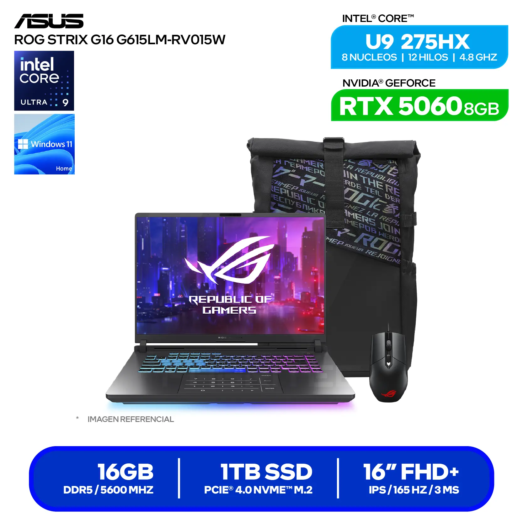 Laptop Asus Rog Strix G16 G615LM-RV015W (90NR0LJ1-M000K0) Intel Core Ultra 9-275HX, GeForce RTX 5060 8GB, 16GB RAM, 1TB SSD, 16'' FHD+, Windows 11 Home