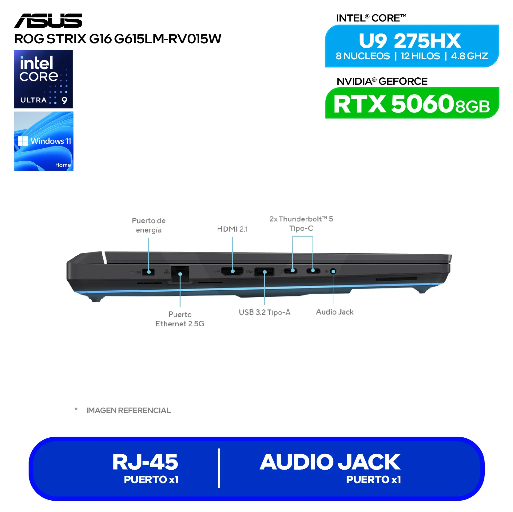 Laptop Asus Rog Strix G16 G615LM-RV015W (90NR0LJ1-M000K0) Intel Core Ultra 9-275HX, GeForce RTX 5060 8GB, 16GB RAM, 1TB SSD, 16'' FHD+, Windows 11 Home