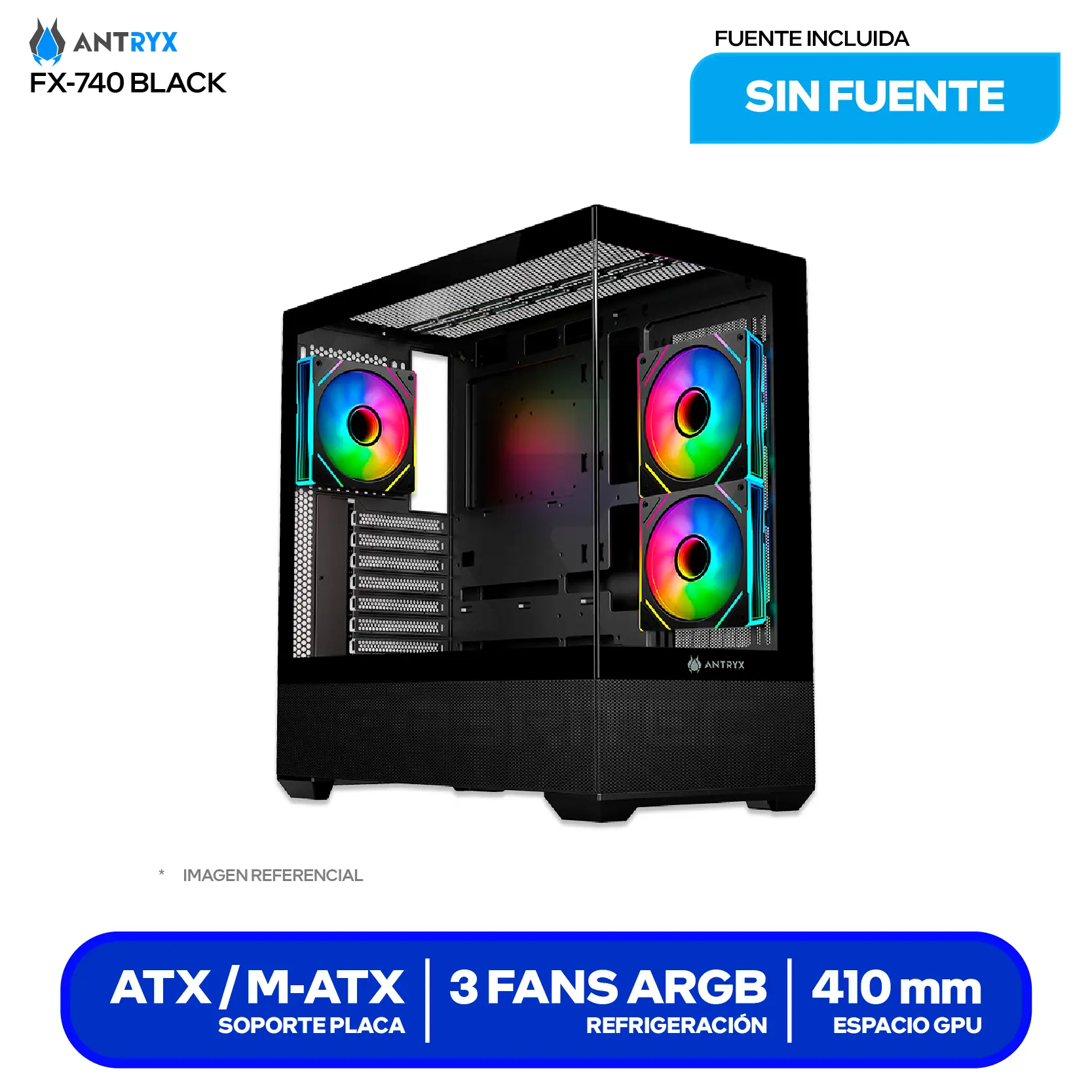Case Gamer Antryx FX 740 Black (AC-FX740K) Sin fuente, Vidrio templado, 3 fans ARGB