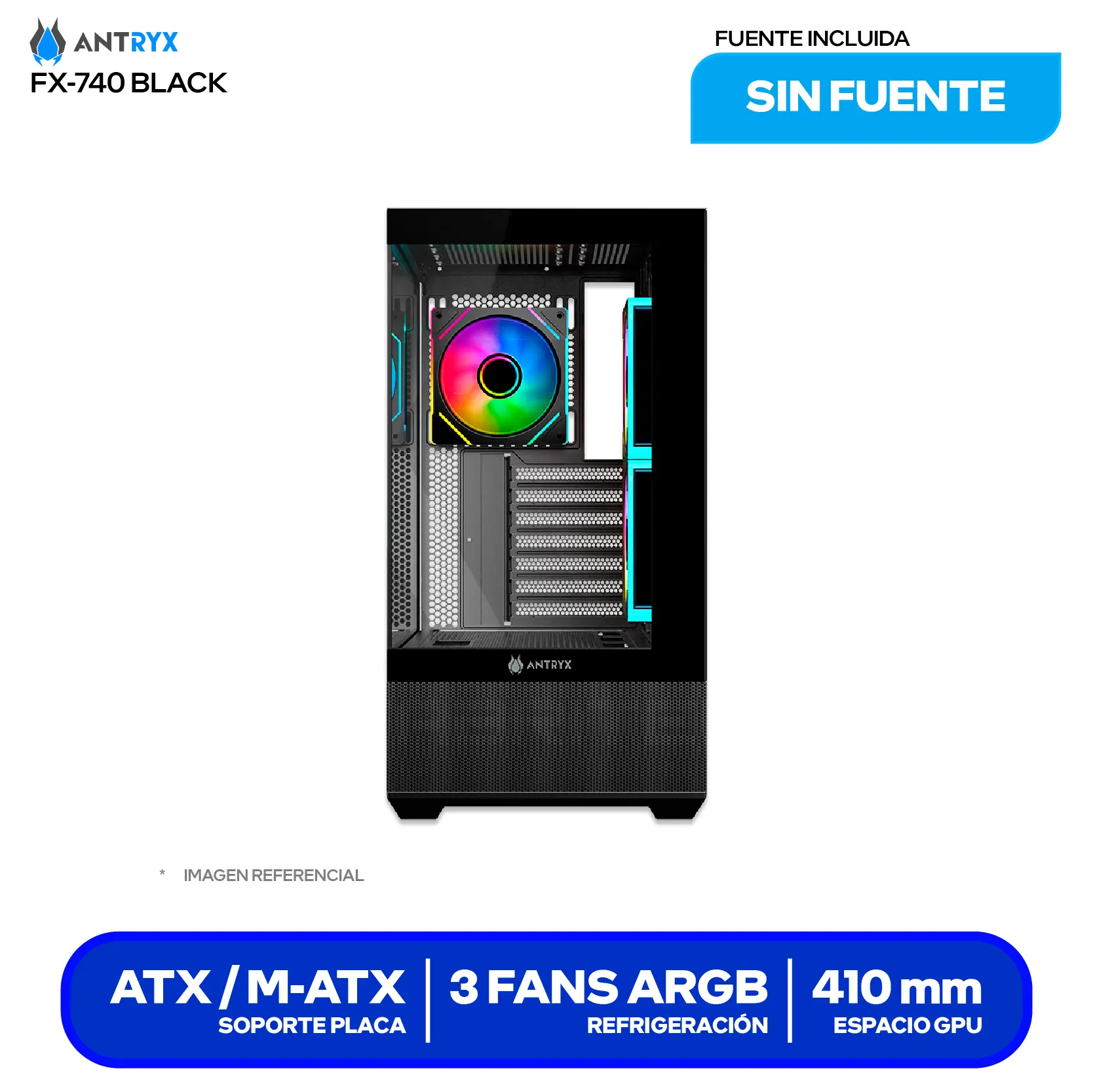 Case Gamer Antryx FX 740 Black (AC-FX740K) Sin fuente, Vidrio templado, 3 fans ARGB