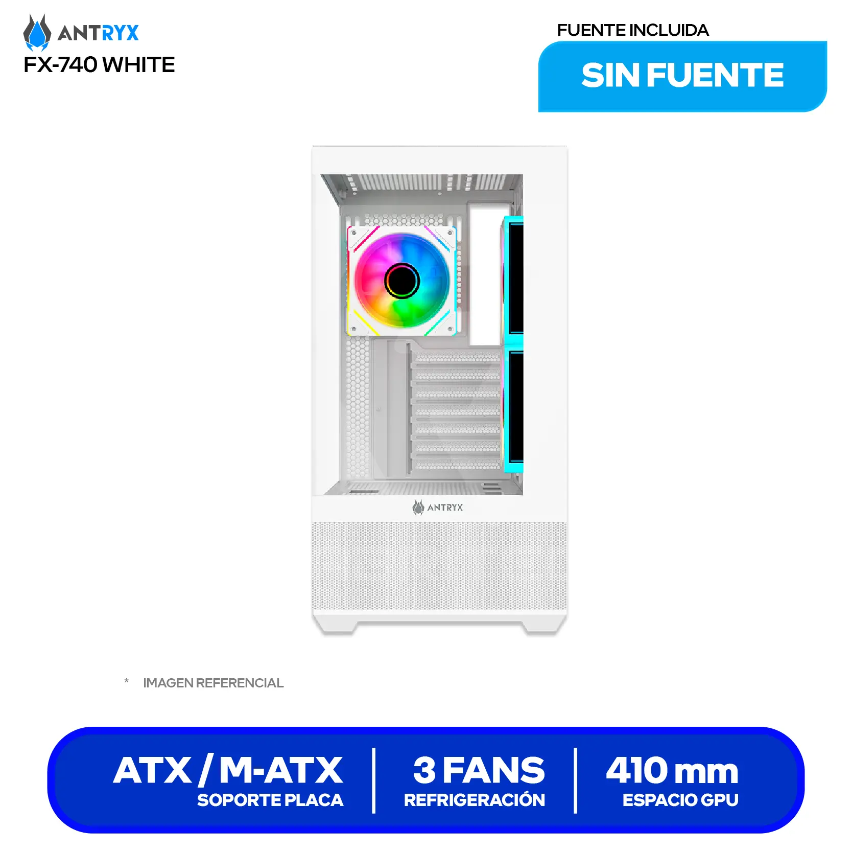 Case Gamer Antryx FX 740 White (AC-FX740W) Sin fuente, Vidrio templado, 3 fans ARGB